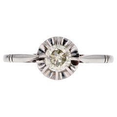 French 1930s Champagne Diamond 18 Karat White Gold Platinum Solitaire Ring