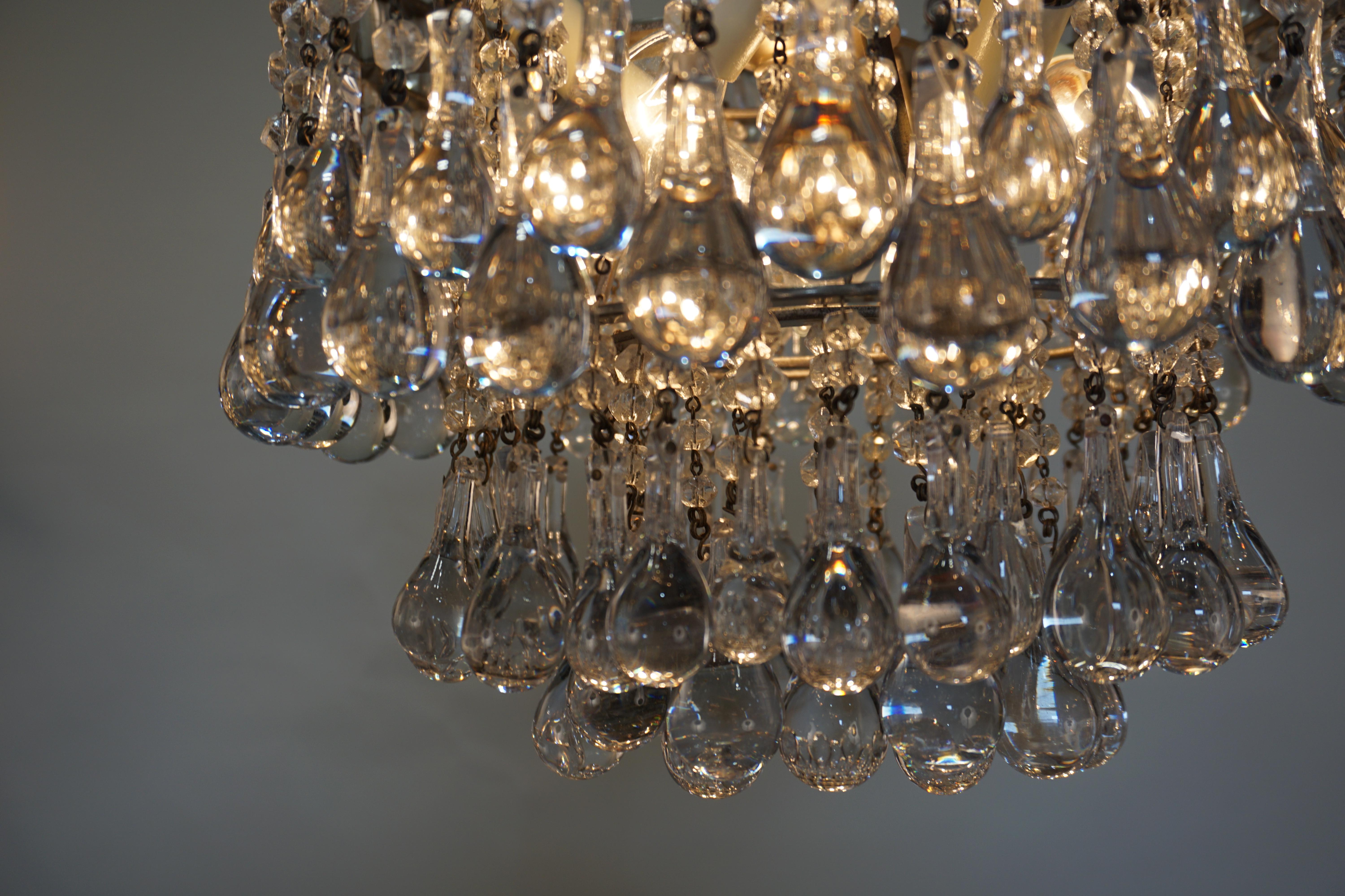 Mid-20th Century French, 1930s Chandelier with Tear Crystals