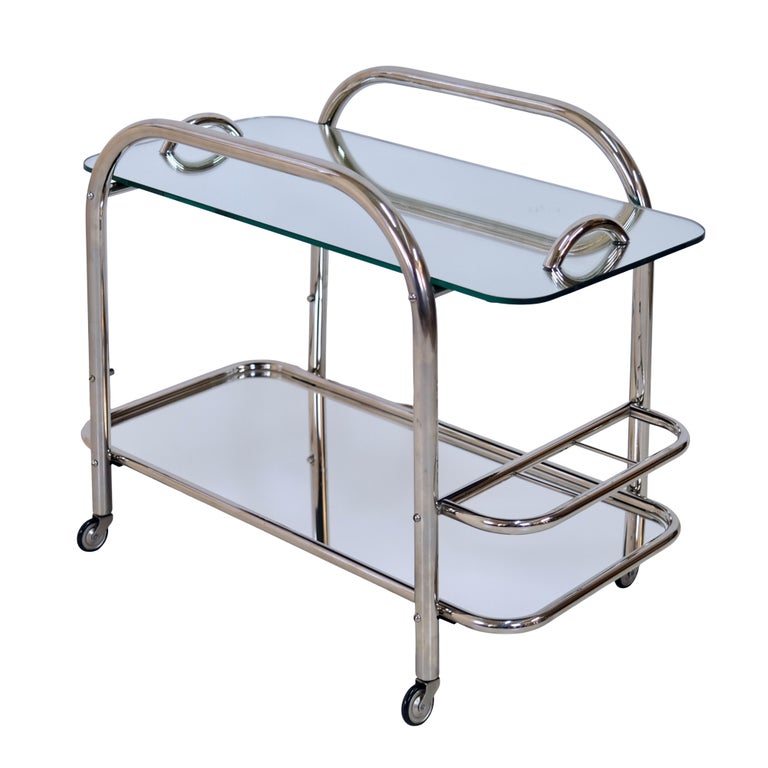 French 1930's Chromed Art Deco Bar Cart with Frameless Mirrored Tray