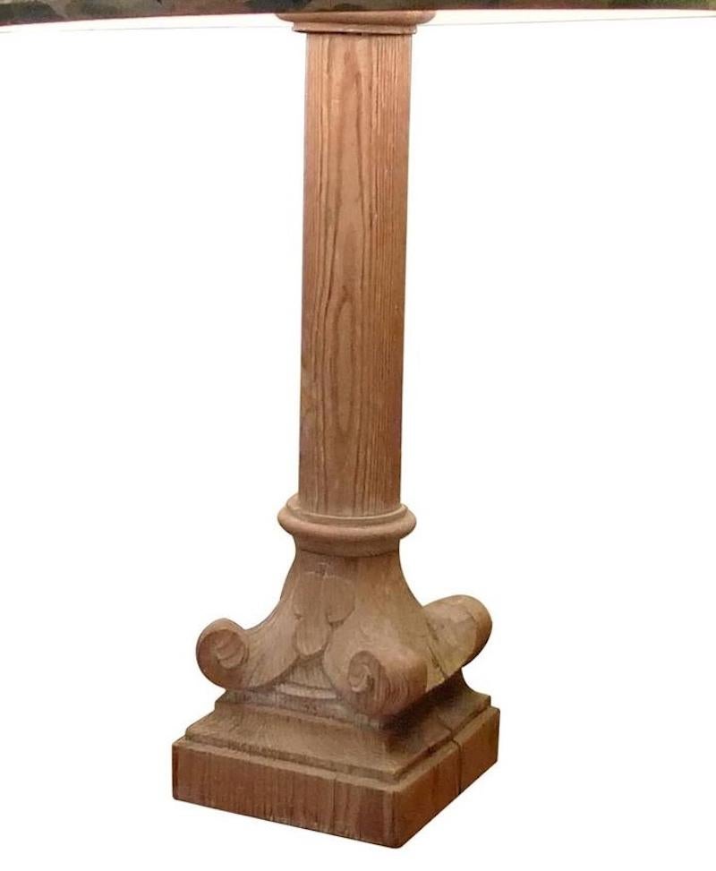 20th Century French 1930s Column Shaped Carved Wood Table Lamp and Shade