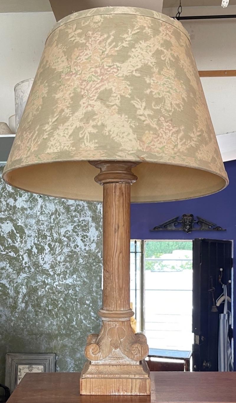 French 1930s Column Shaped Carved Wood Table Lamp and Shade.
