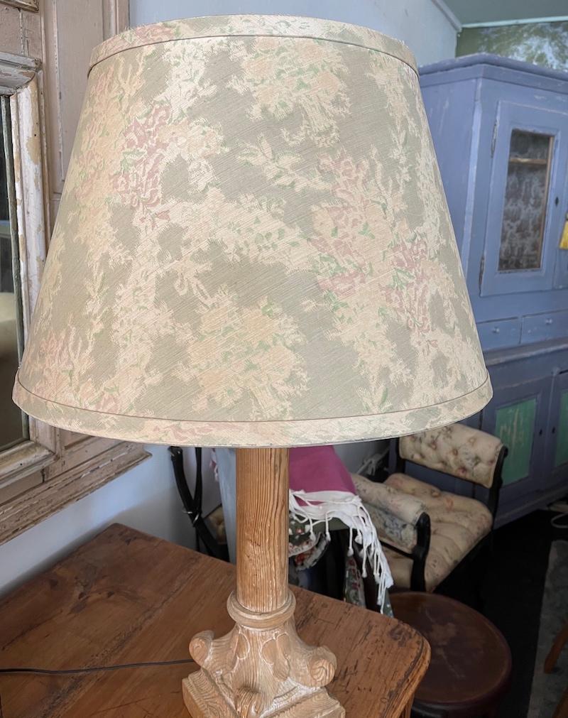 French 1930s Column Shaped Carved Wood Table Lamp and Shade 1