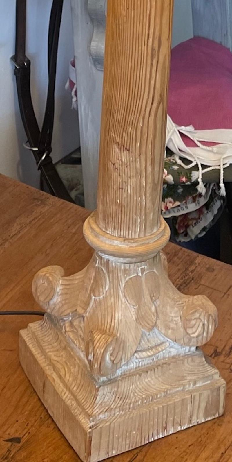 French 1930s Column Shaped Carved Wood Table Lamp and Shade 5