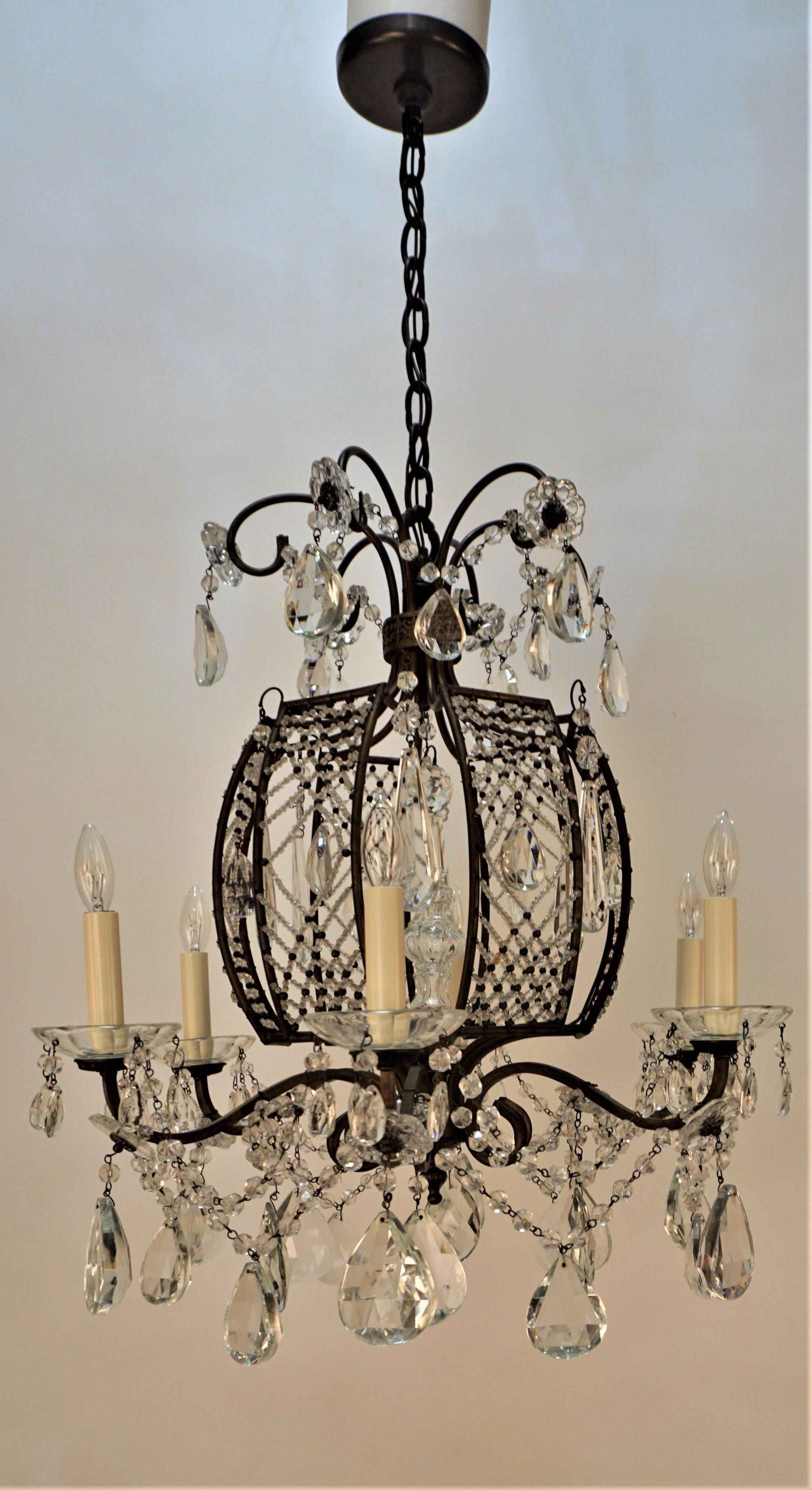 French 1930's Crystal and Bronze Chandelier For Sale 6