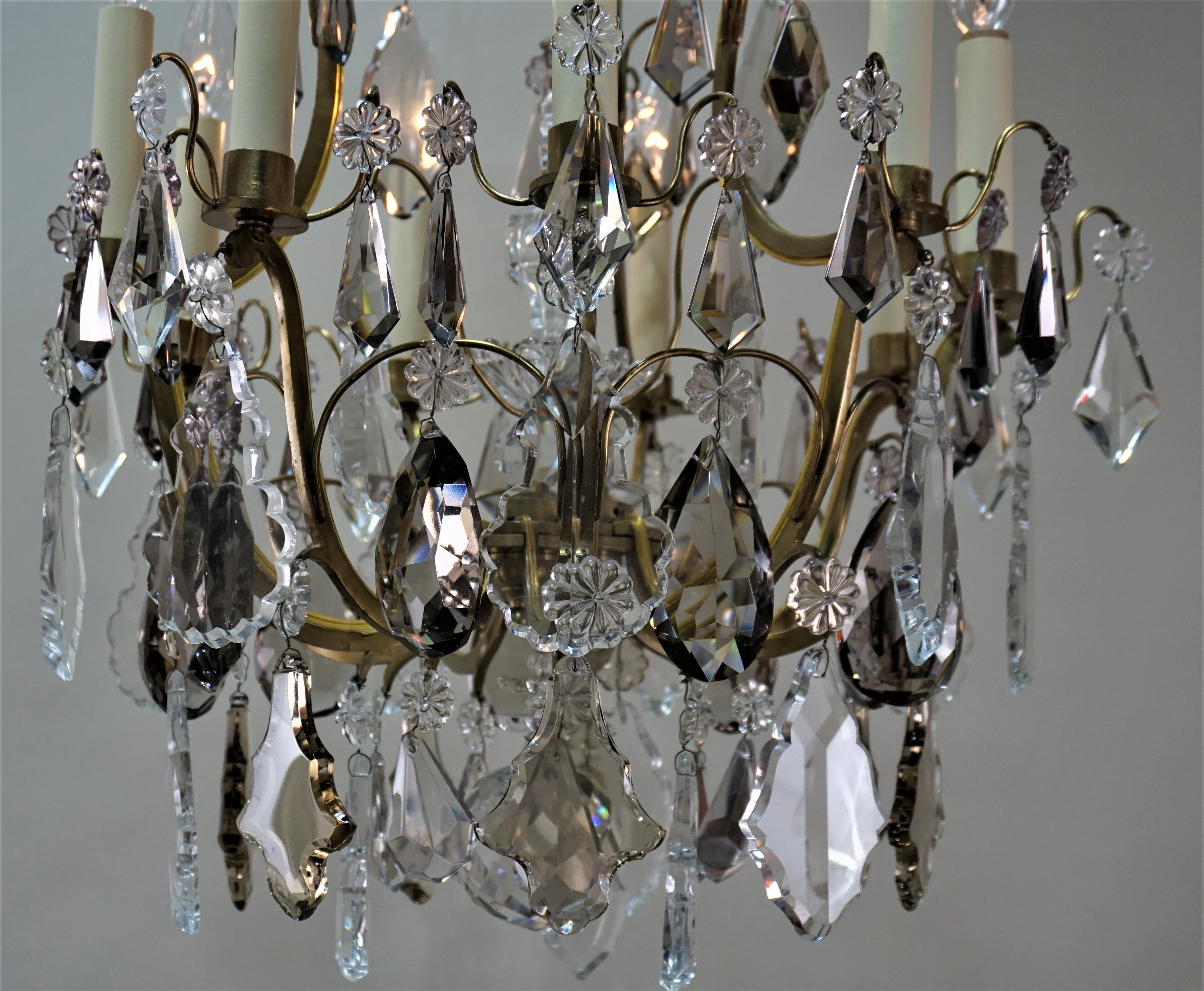 French 1930s Crystal and Bronze Chandelier. In Good Condition In Fairfax, VA