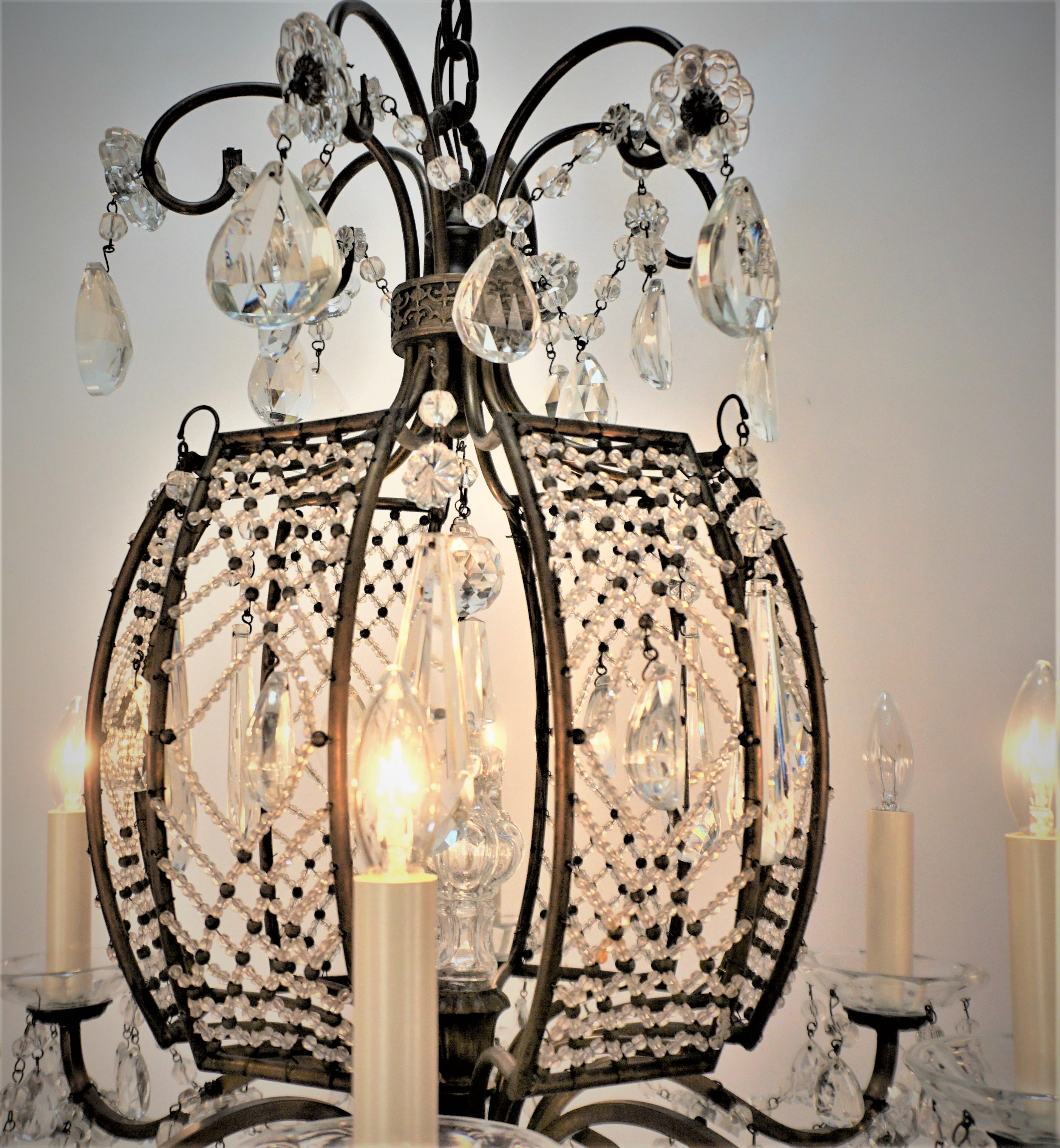 French 1930's Crystal and Bronze Chandelier In Good Condition For Sale In Fairfax, VA