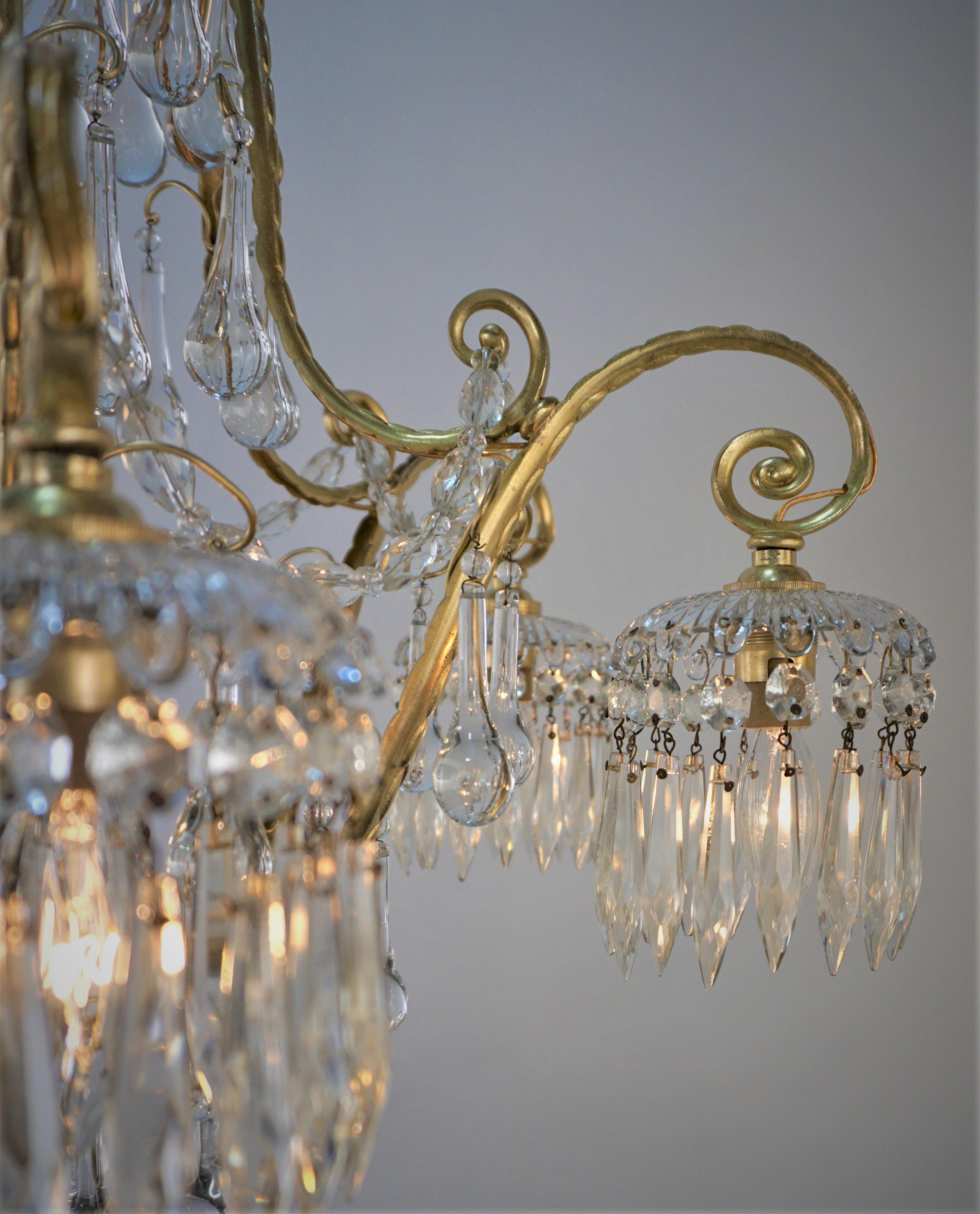 French 1930s Crystal and Bronze Chandelier In Good Condition For Sale In Fairfax, VA