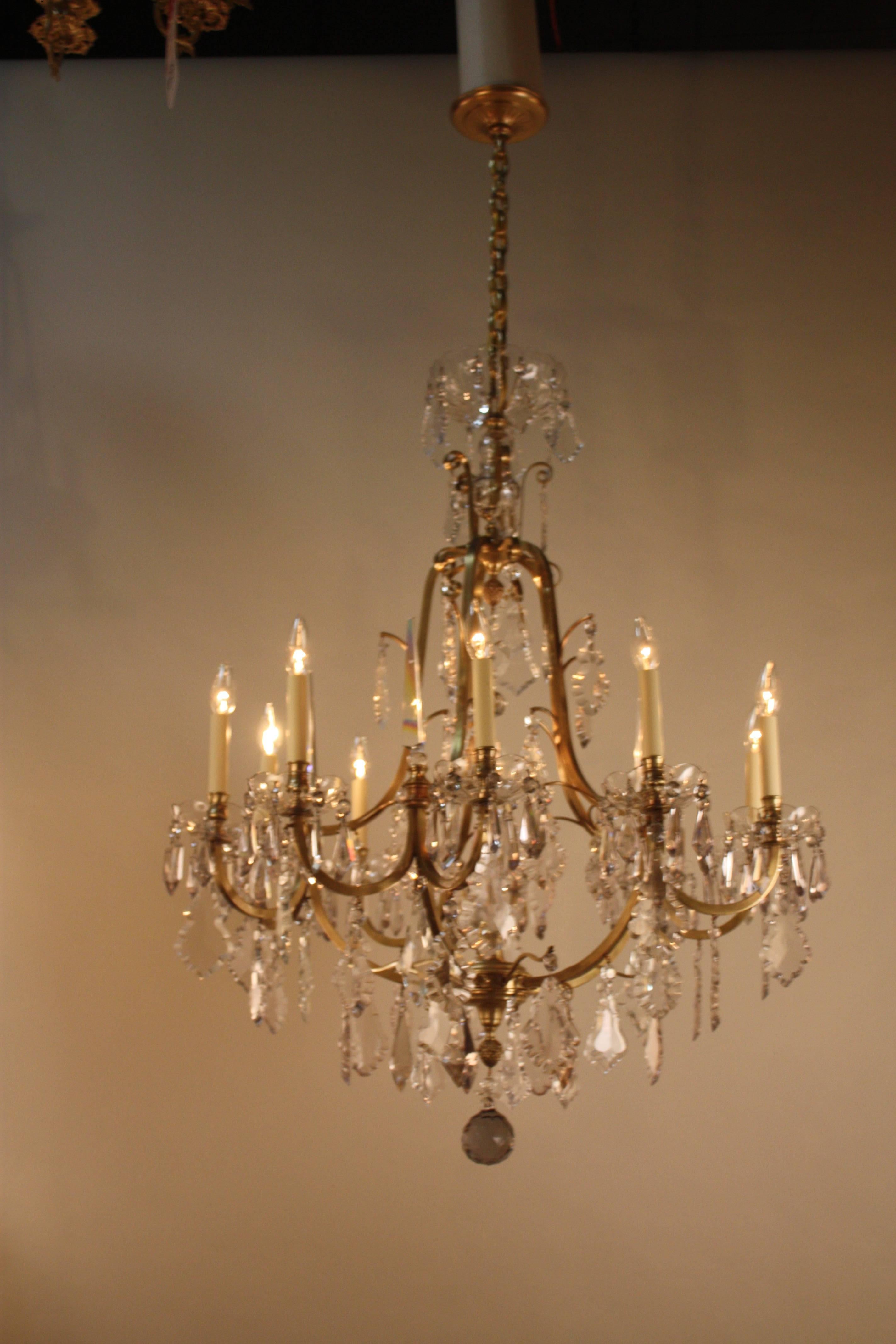 Art Deco French 1930s Crystal and Bronze Chandelier