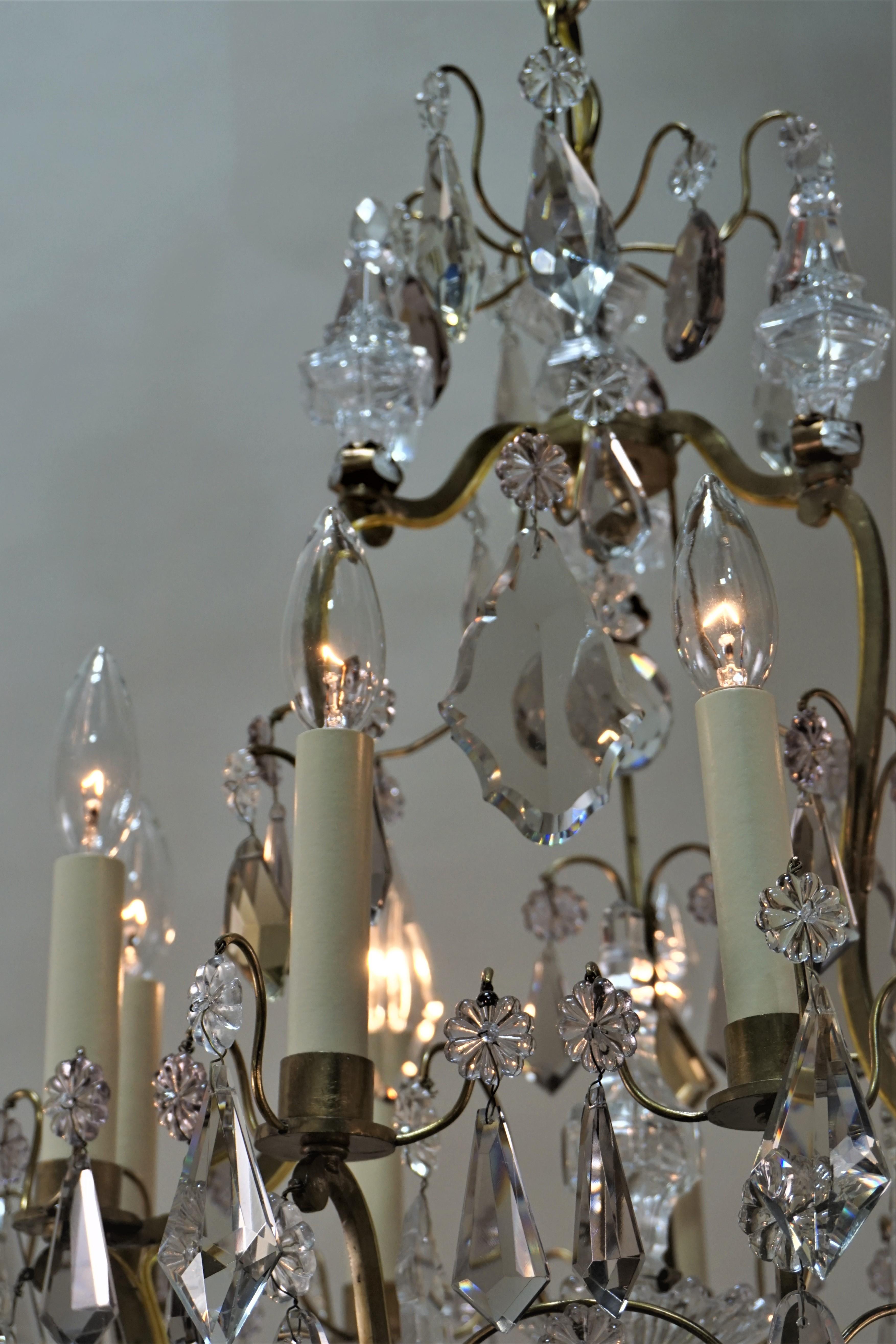 Mid-20th Century French 1930s Crystal and Bronze Chandelier.