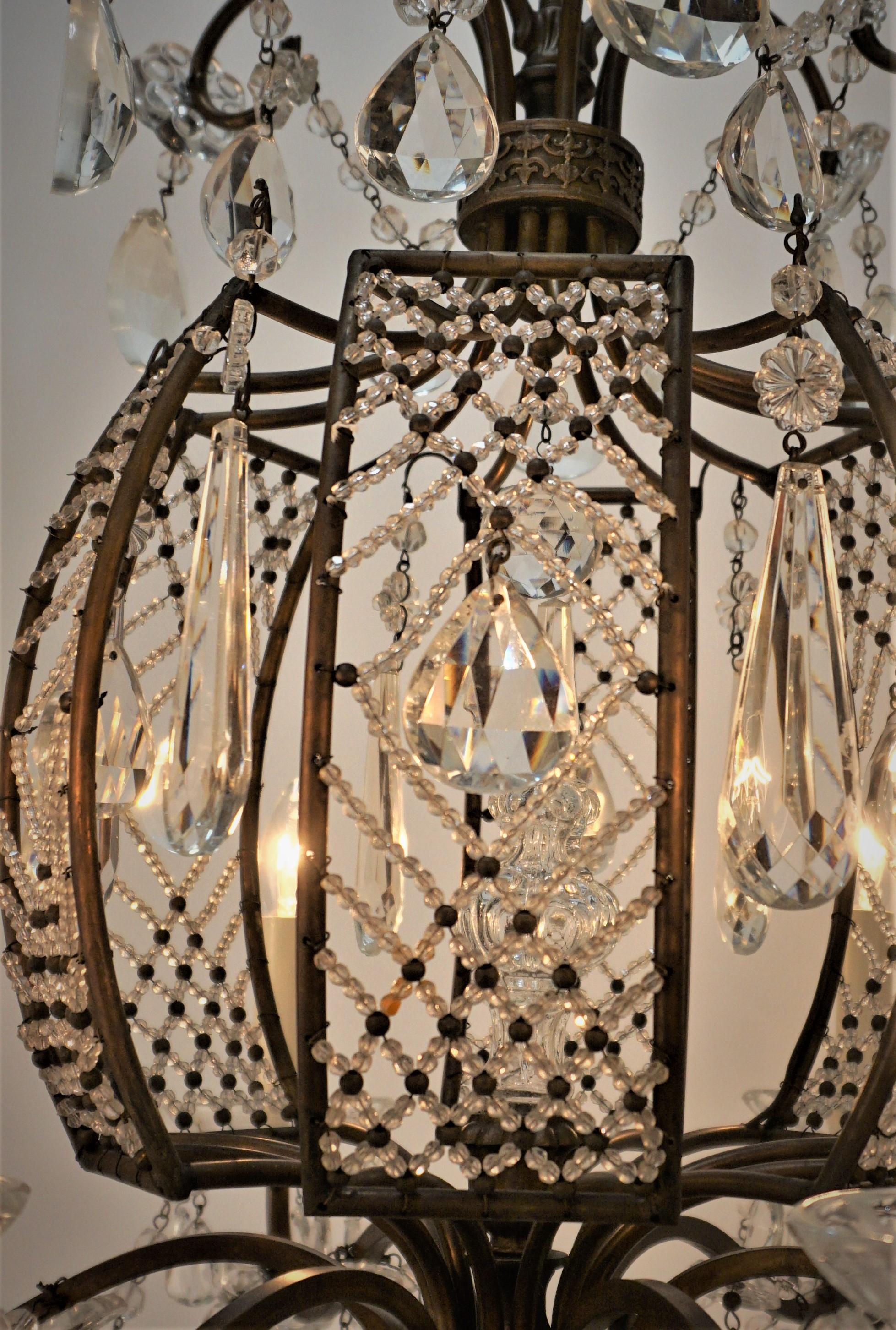 Mid-20th Century French 1930's Crystal and Bronze Chandelier For Sale