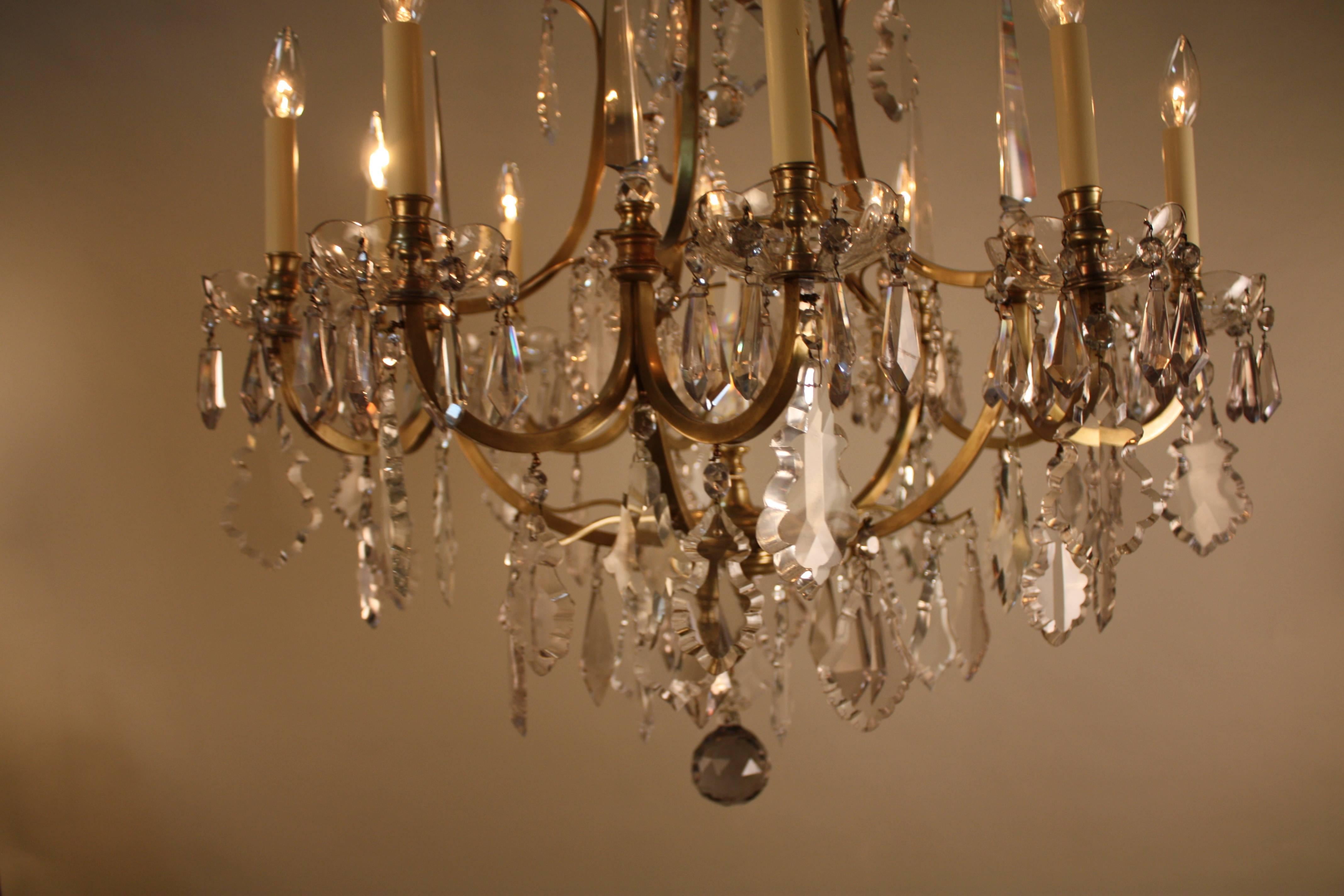 French 1930s Crystal and Bronze Chandelier In Good Condition In Fairfax, VA