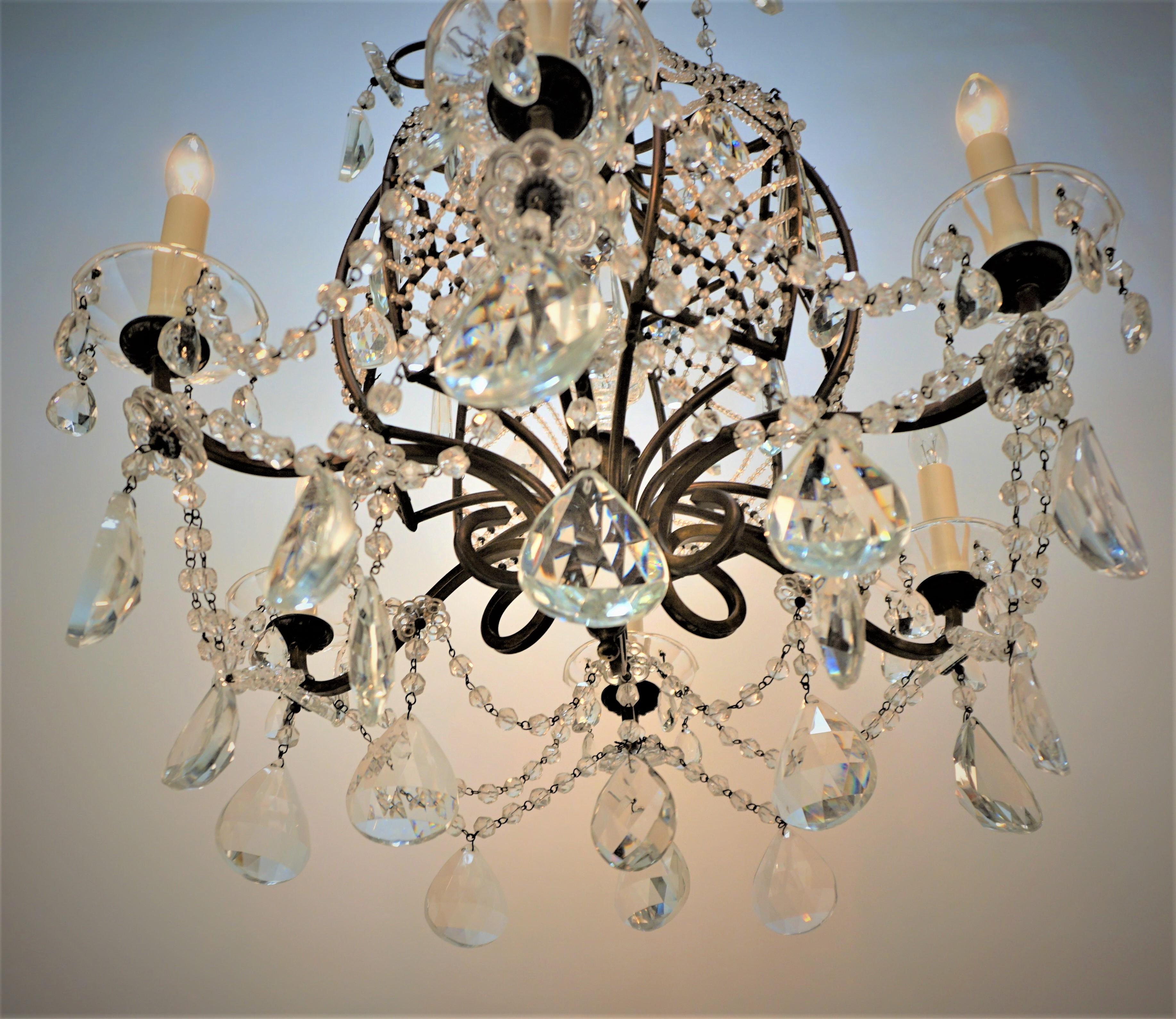 French 1930's Crystal and Bronze Chandelier For Sale 1