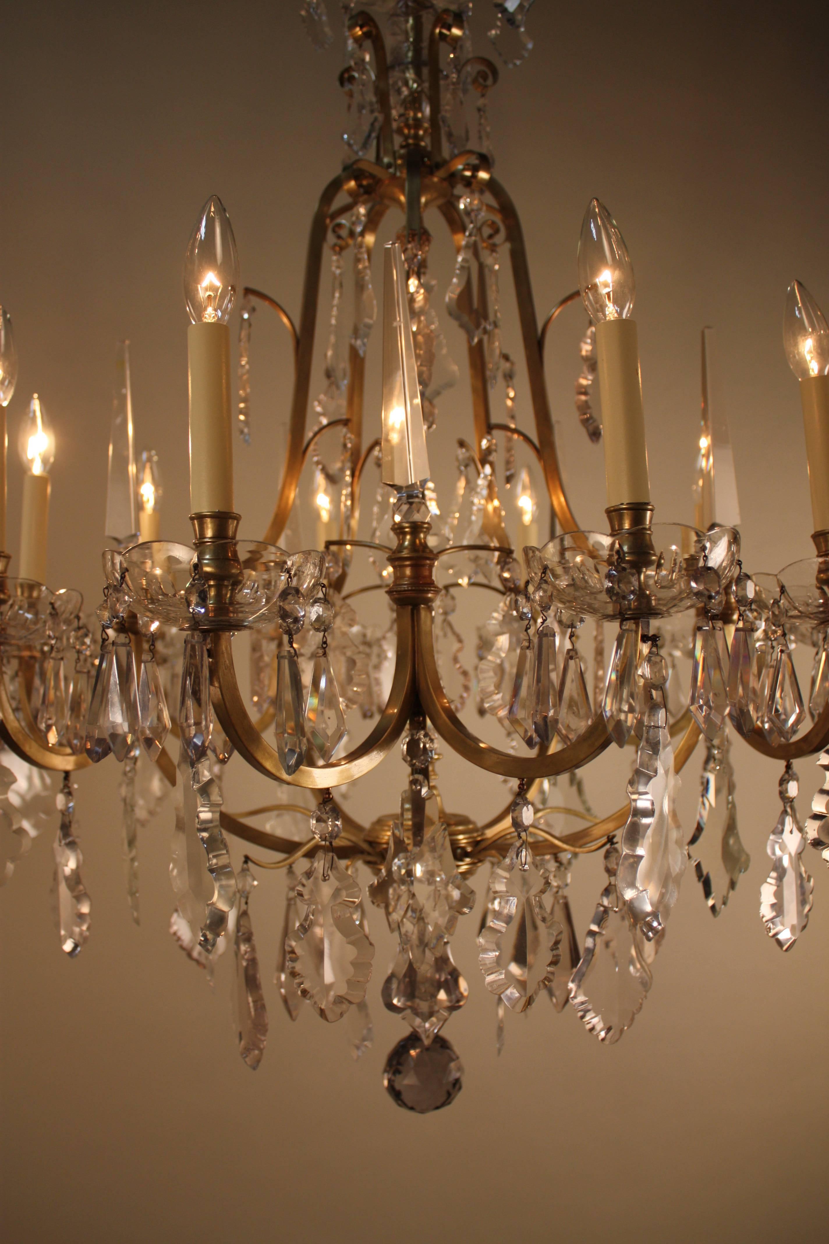 Mid-20th Century French 1930s Crystal and Bronze Chandelier