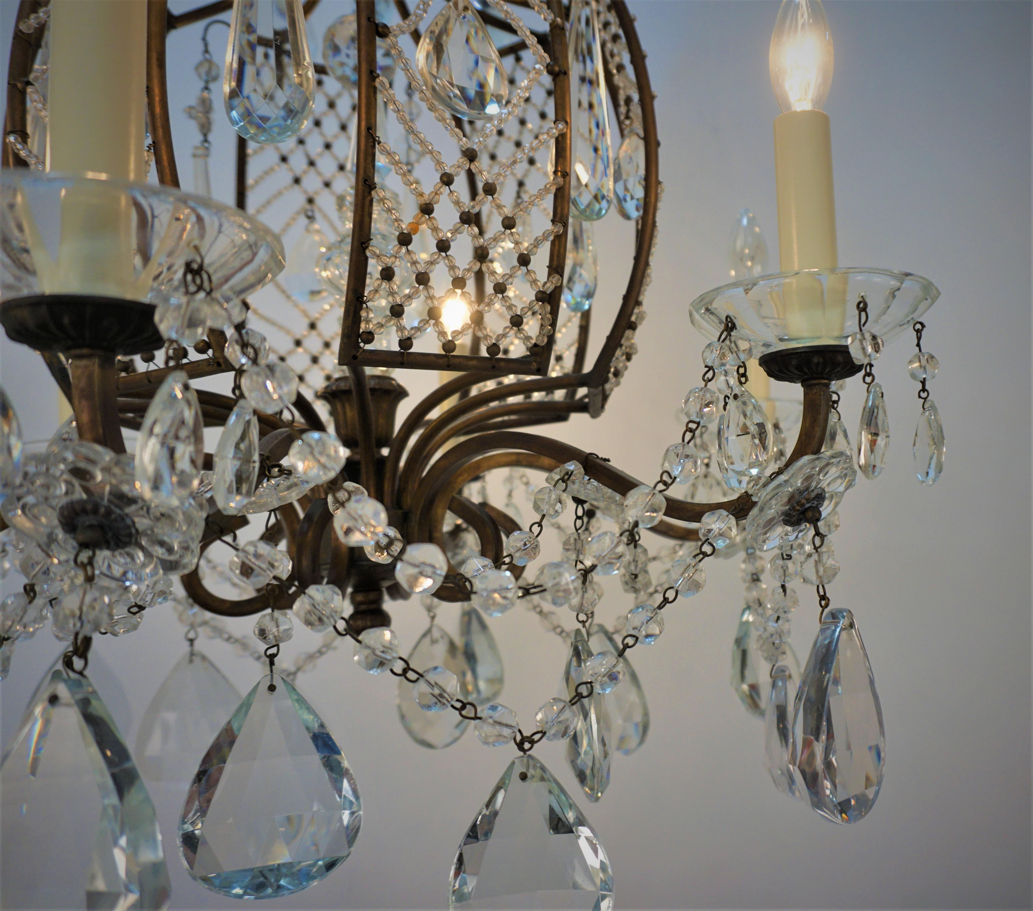 French 1930's Crystal and Bronze Chandelier For Sale 2