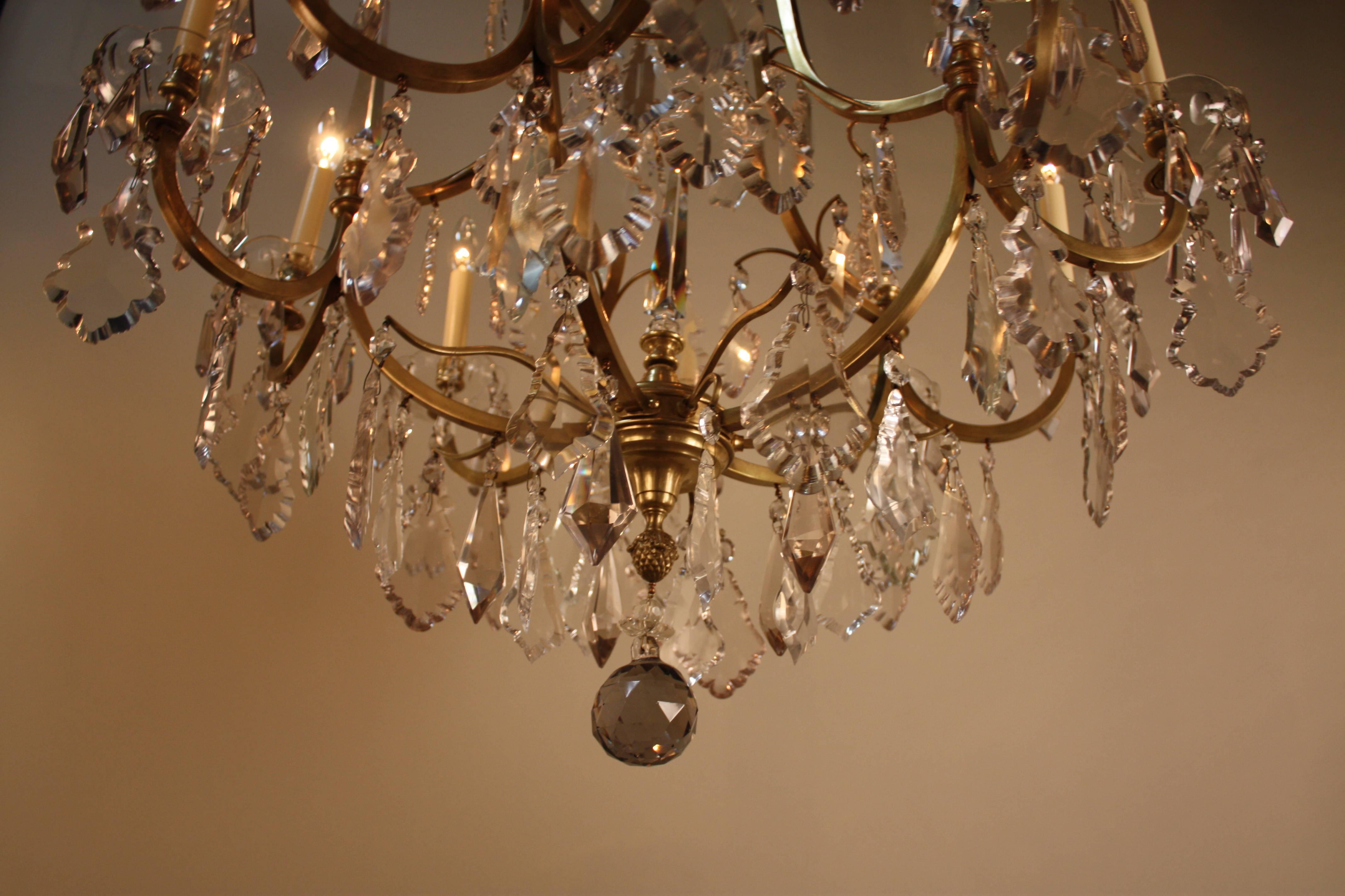 French 1930s Crystal and Bronze Chandelier 1