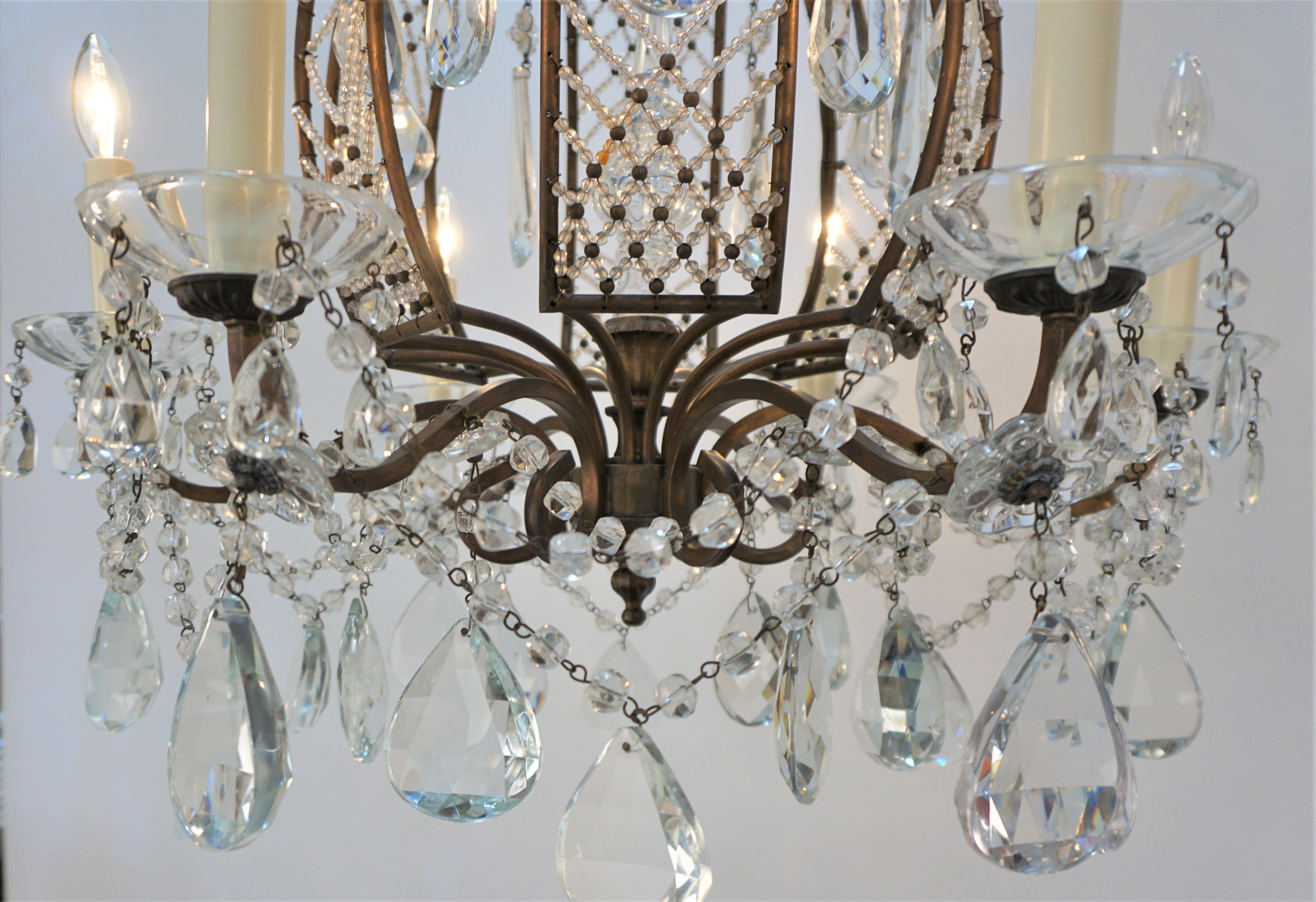 French 1930's Crystal and Bronze Chandelier For Sale 4