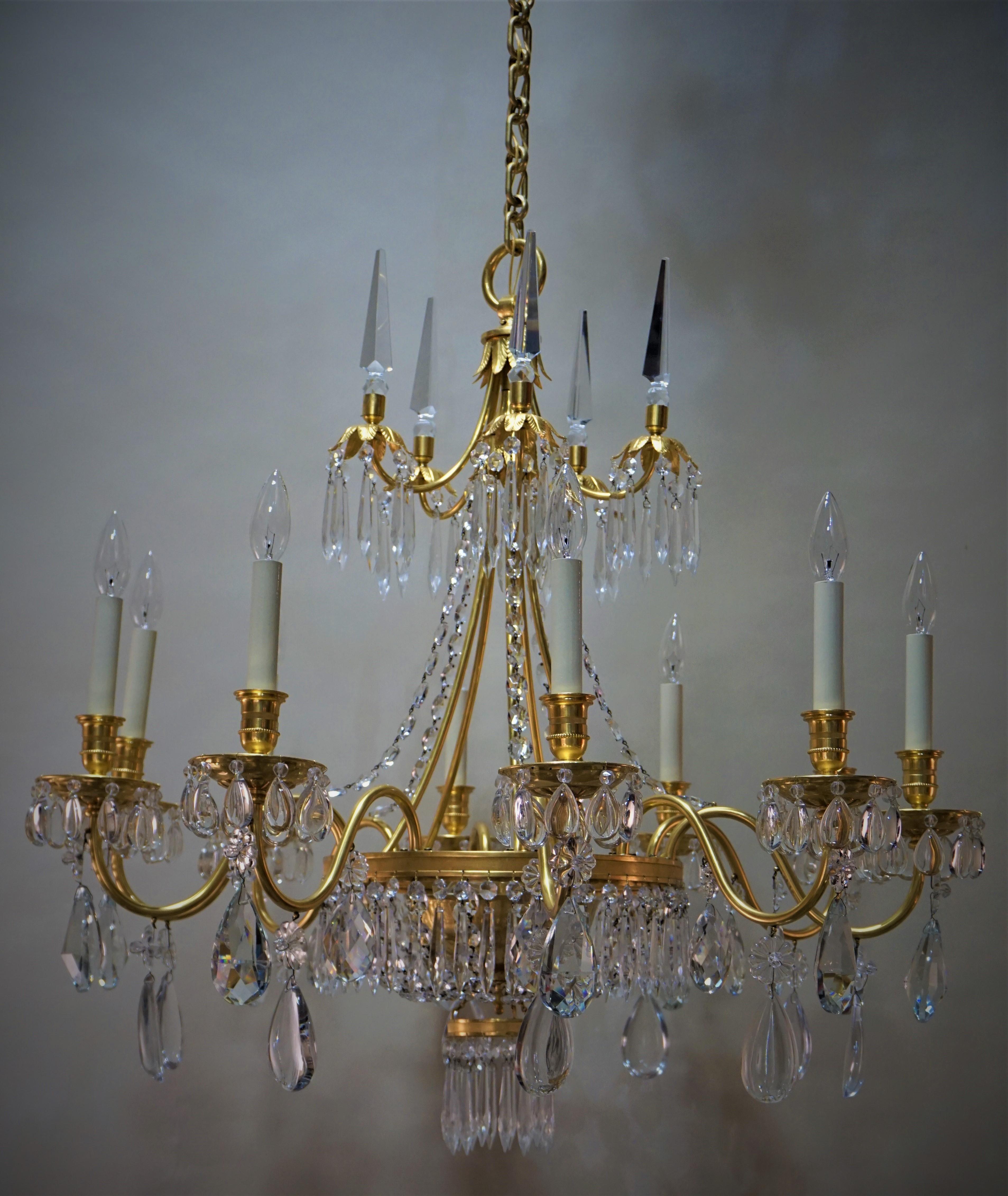French 1930s Crystal and Bronze Doré Chandelier 6