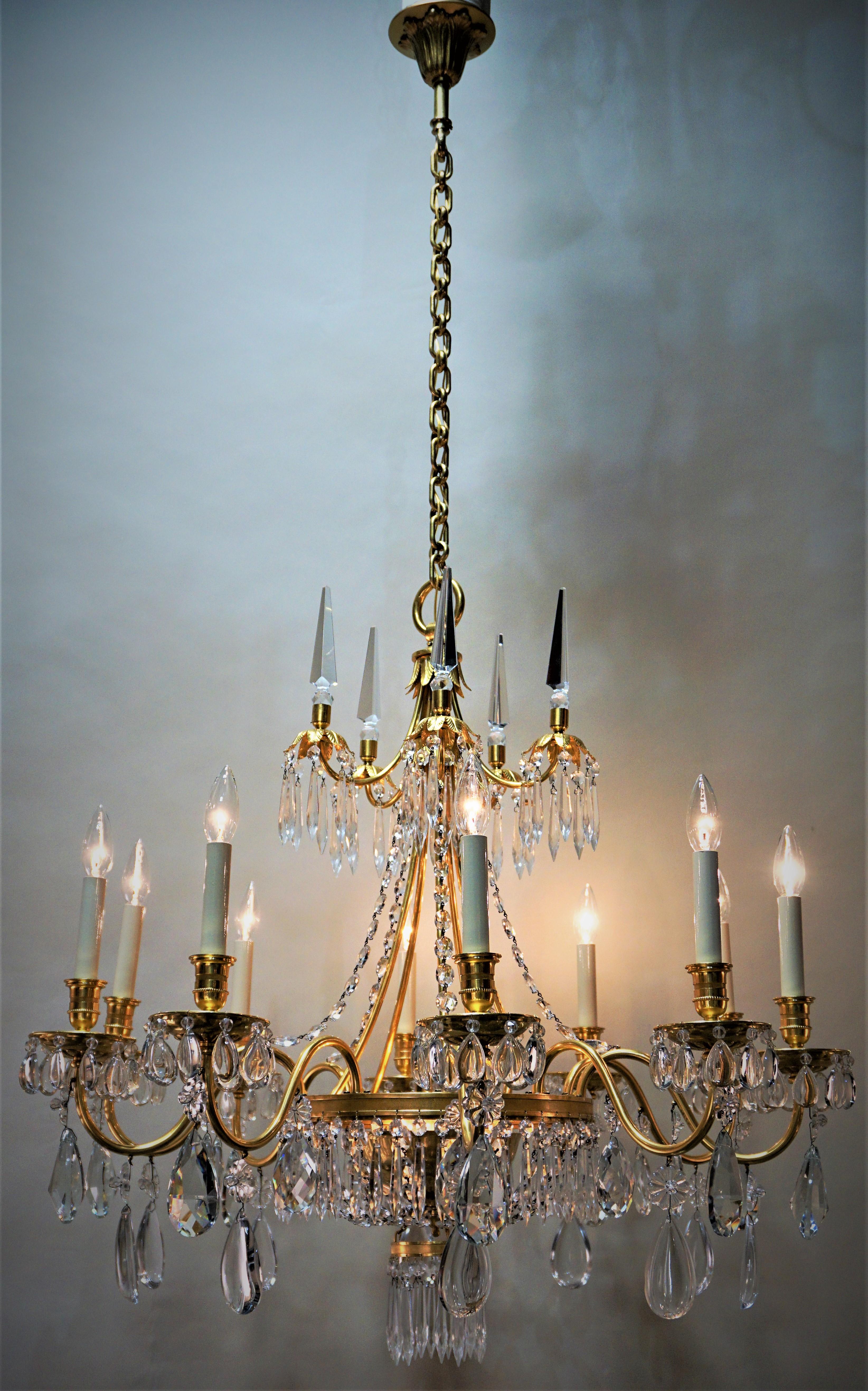 French 1930s Crystal and Bronze Doré Chandelier 1