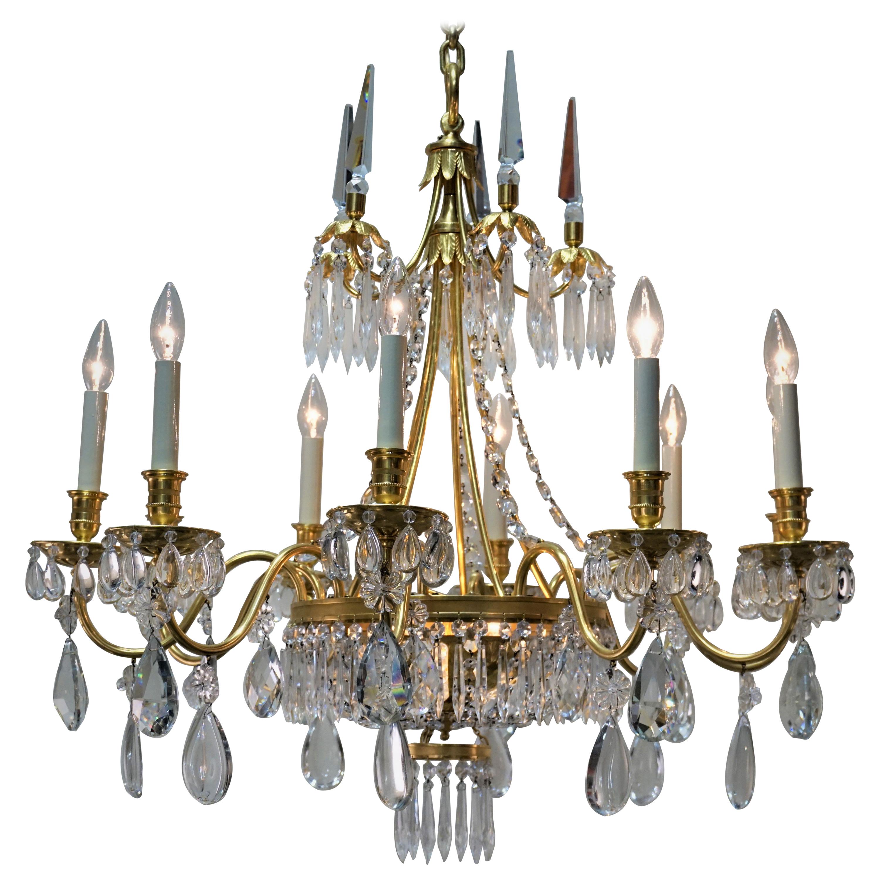 French 1930s Crystal and Bronze Doré Chandelier
