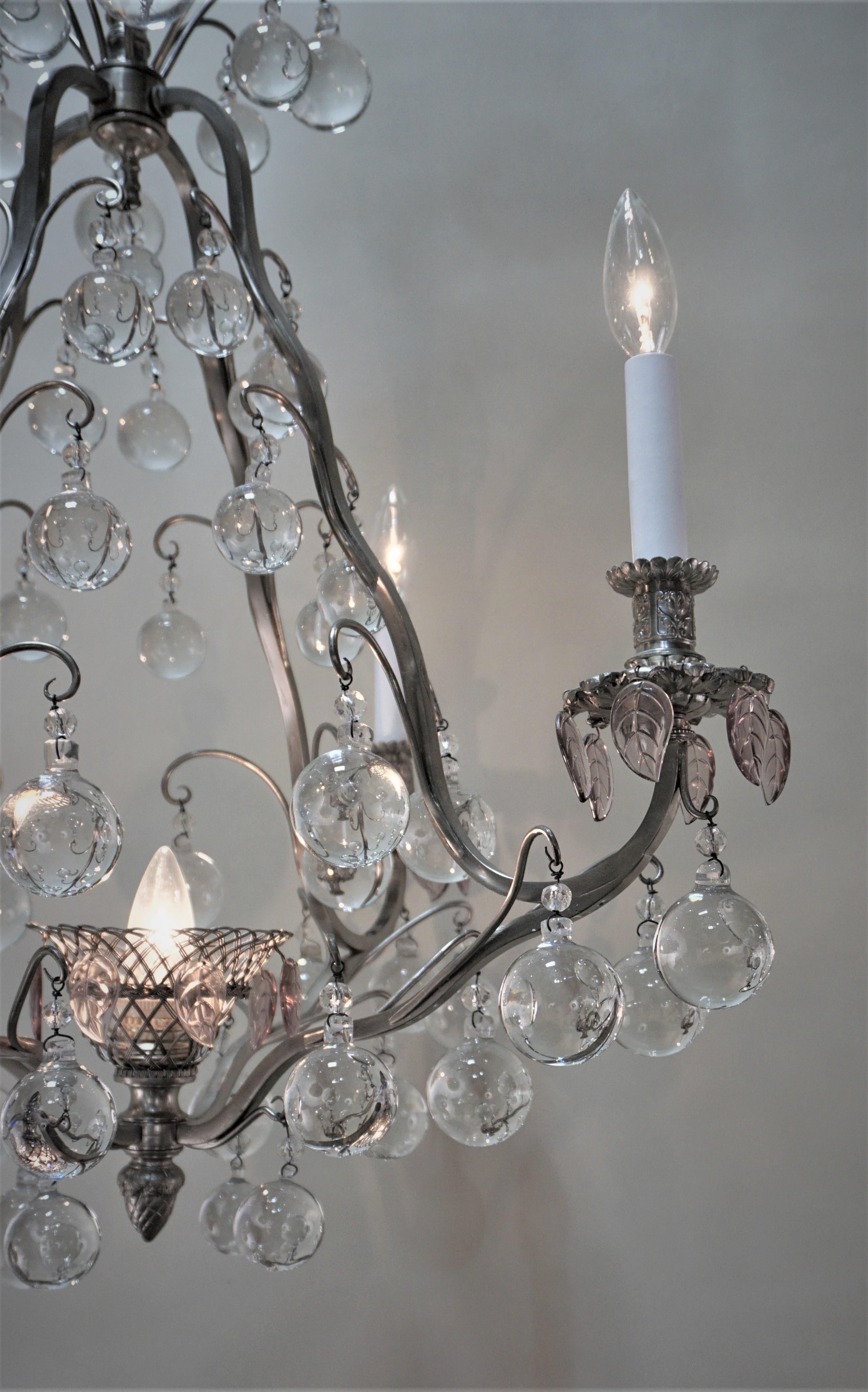 Satin soft oxidized silver on bronze with crystal balls chandelier.
Minimum height fully installed 32