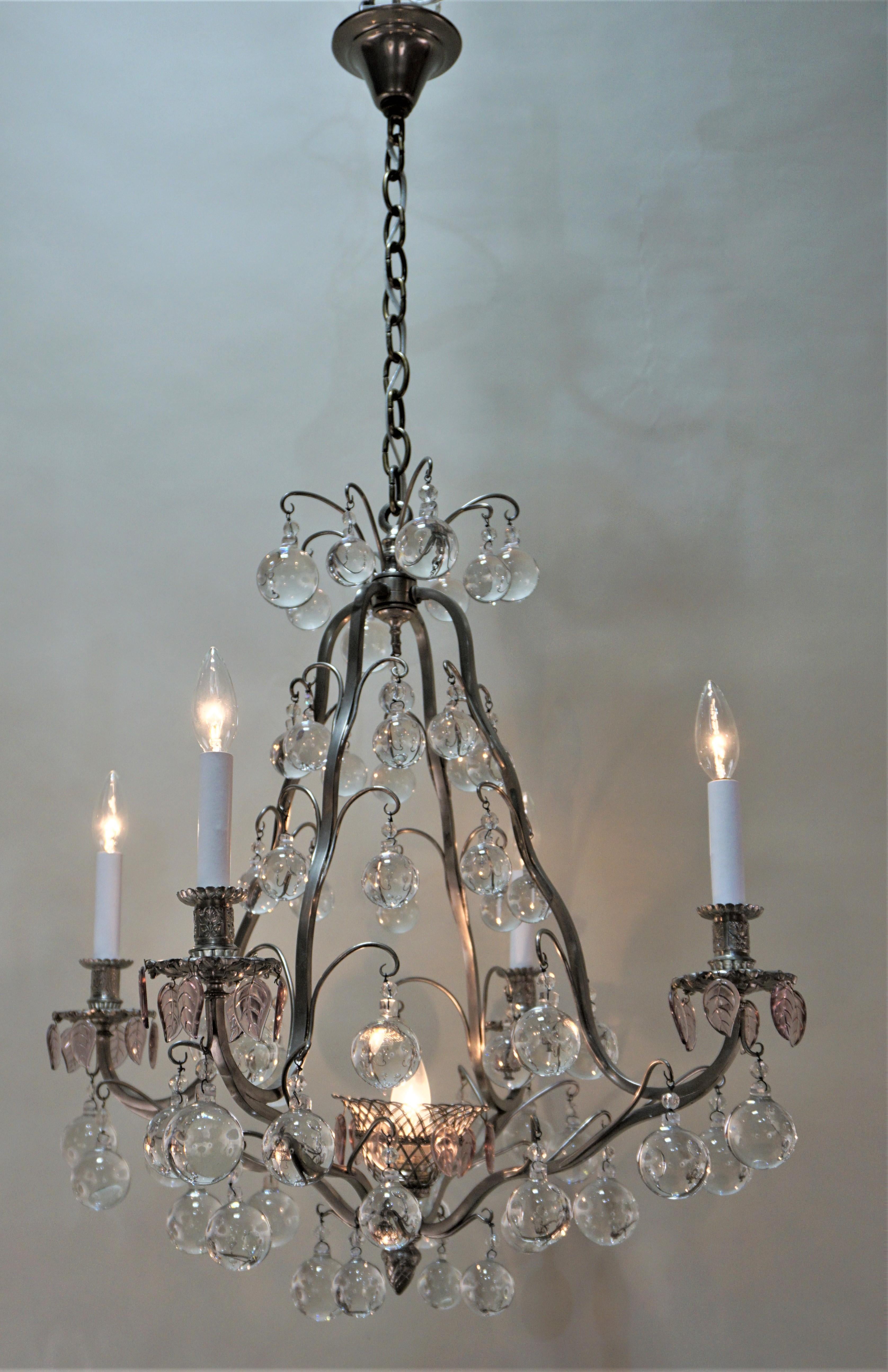 French 1930s Crystal and Silver Chandelier 1