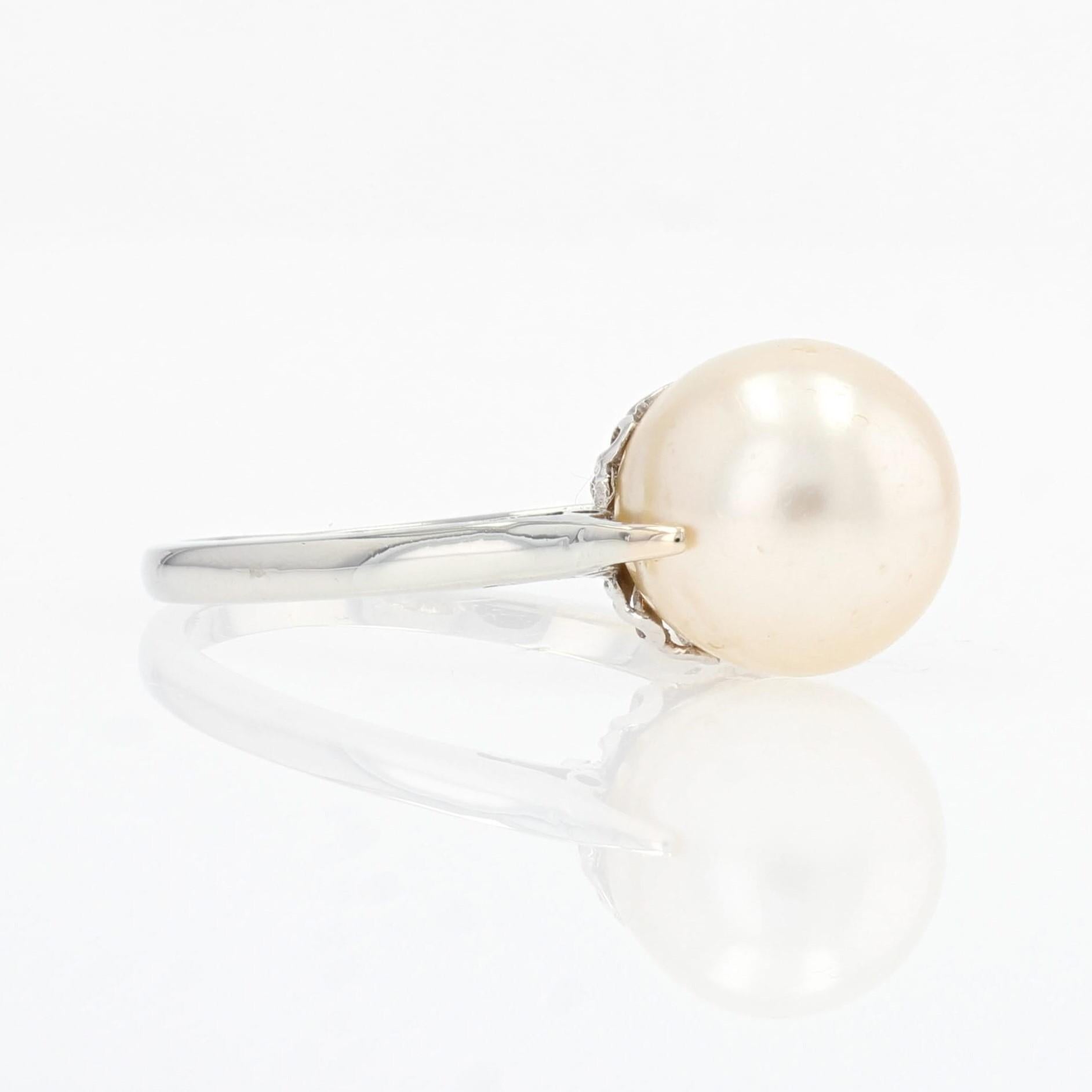 Solitär-Ring aus 18 Karat Weißgold mit Zuchtperlen, 1930er Jahre 4