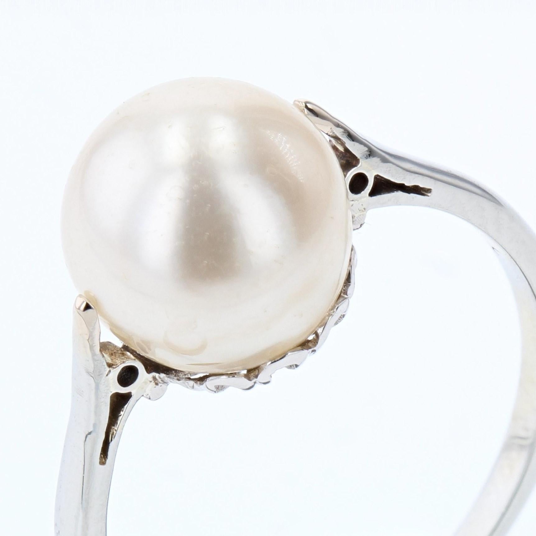 Solitär-Ring aus 18 Karat Weißgold mit Zuchtperlen, 1930er Jahre 1