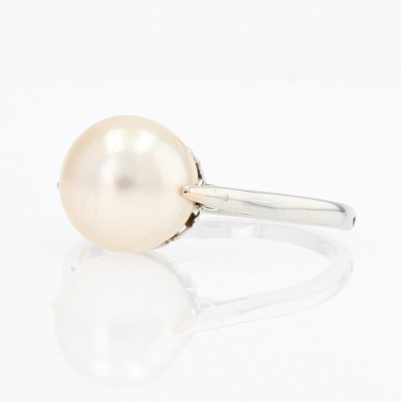 Solitär-Ring aus 18 Karat Weißgold mit Zuchtperlen, 1930er Jahre 3