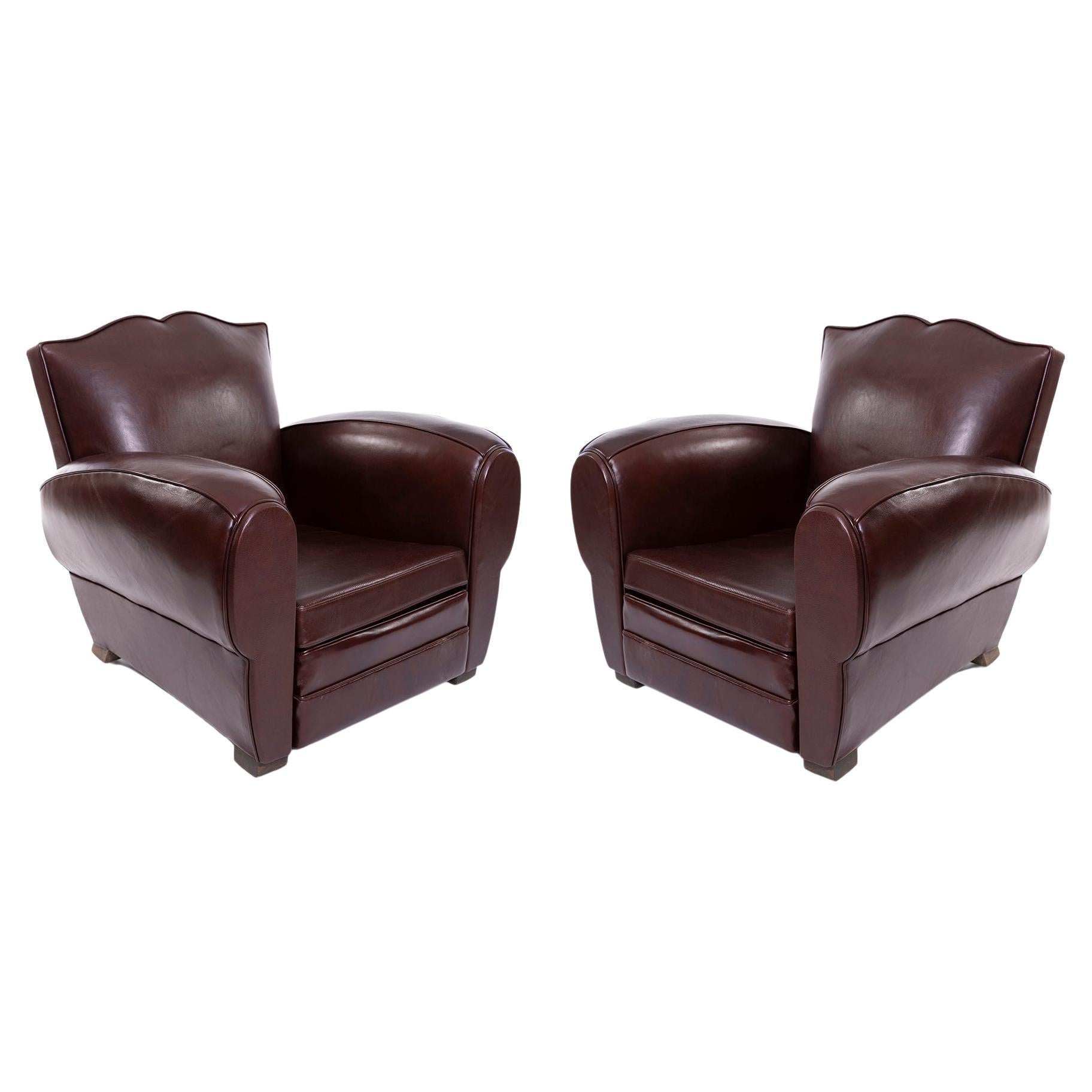 Deco 1930s Leather Lounge Chairs from France