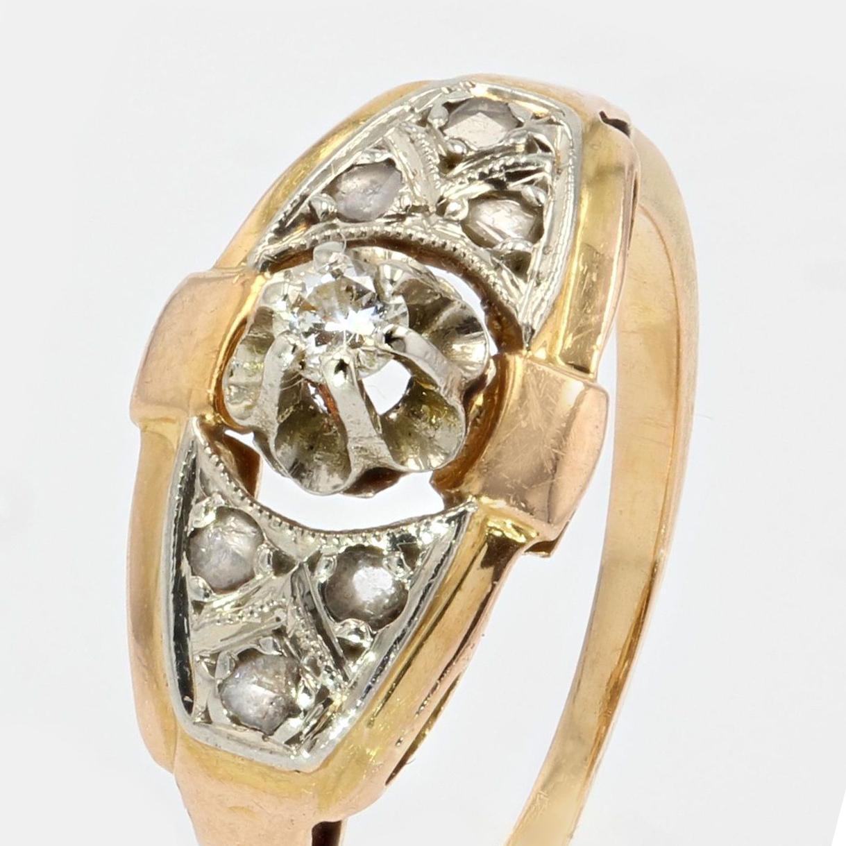 French 1930s Diamond 18 Karat Yellow Gold Art Deco Ring In Good Condition In Poitiers, FR