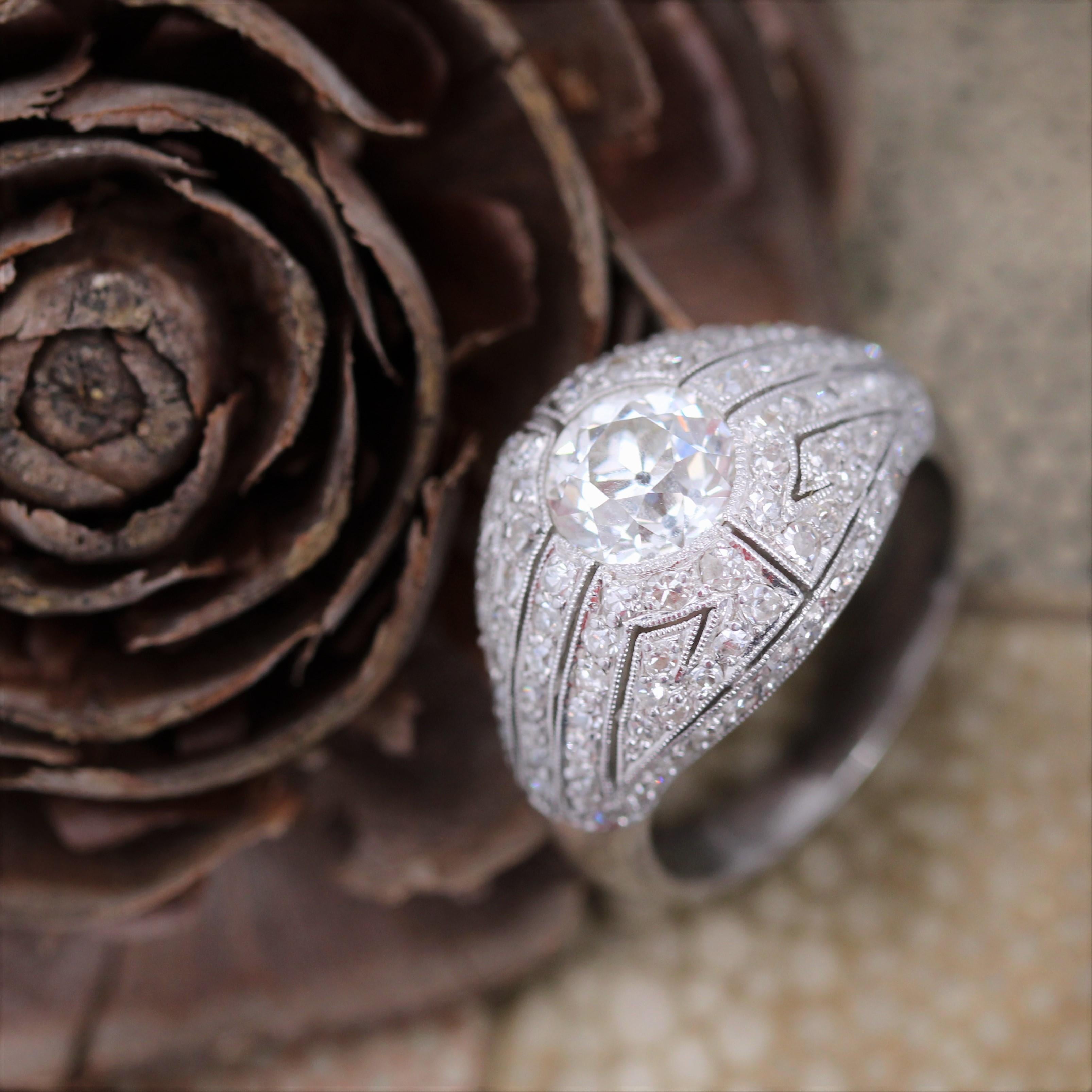 French 1930s Diamond Platinum Art Deco Dome Ring For Sale 5