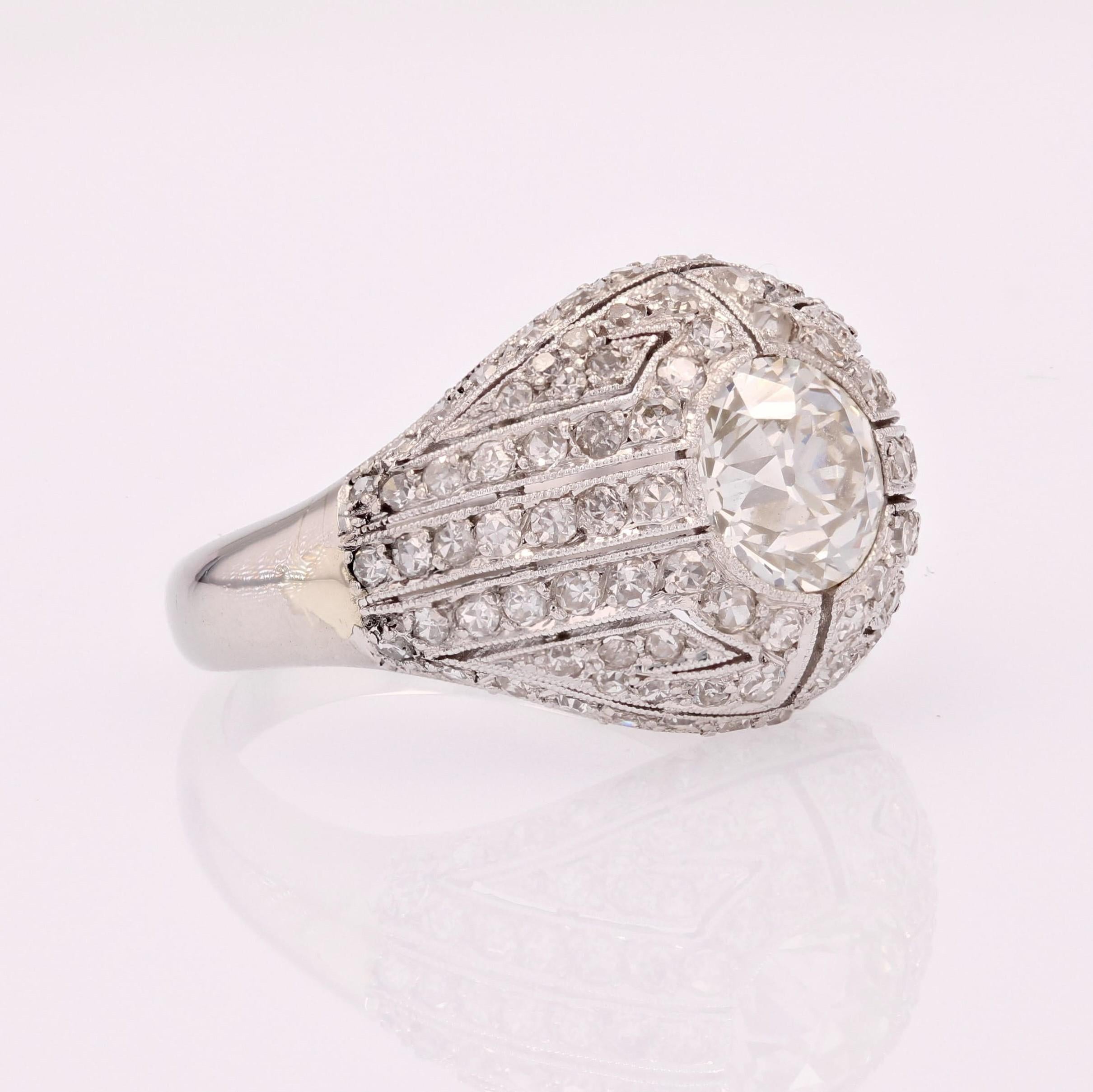 French 1930s Diamond Platinum Art Deco Dome Ring For Sale 6