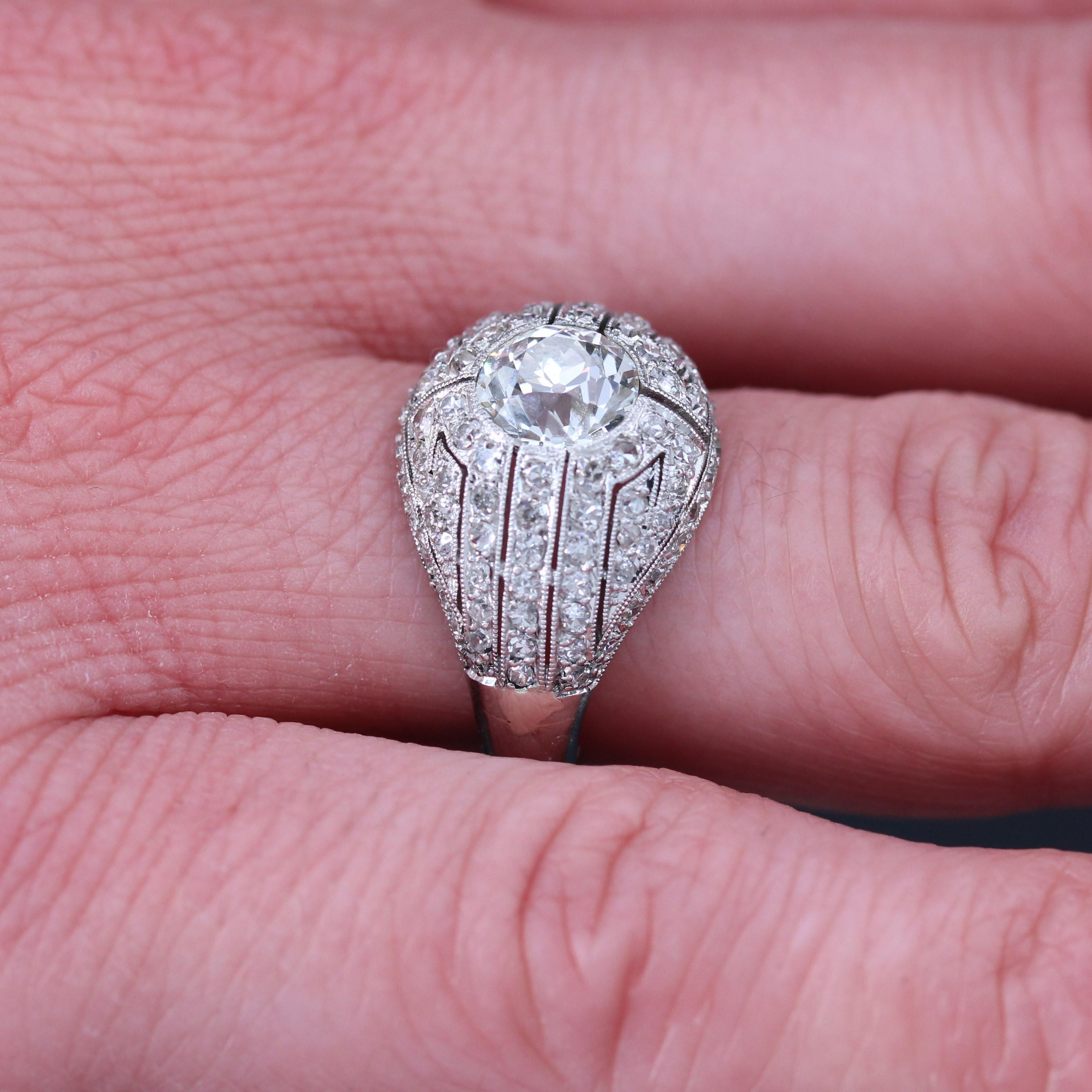French 1930s Diamond Platinum Art Deco Dome Ring For Sale 7