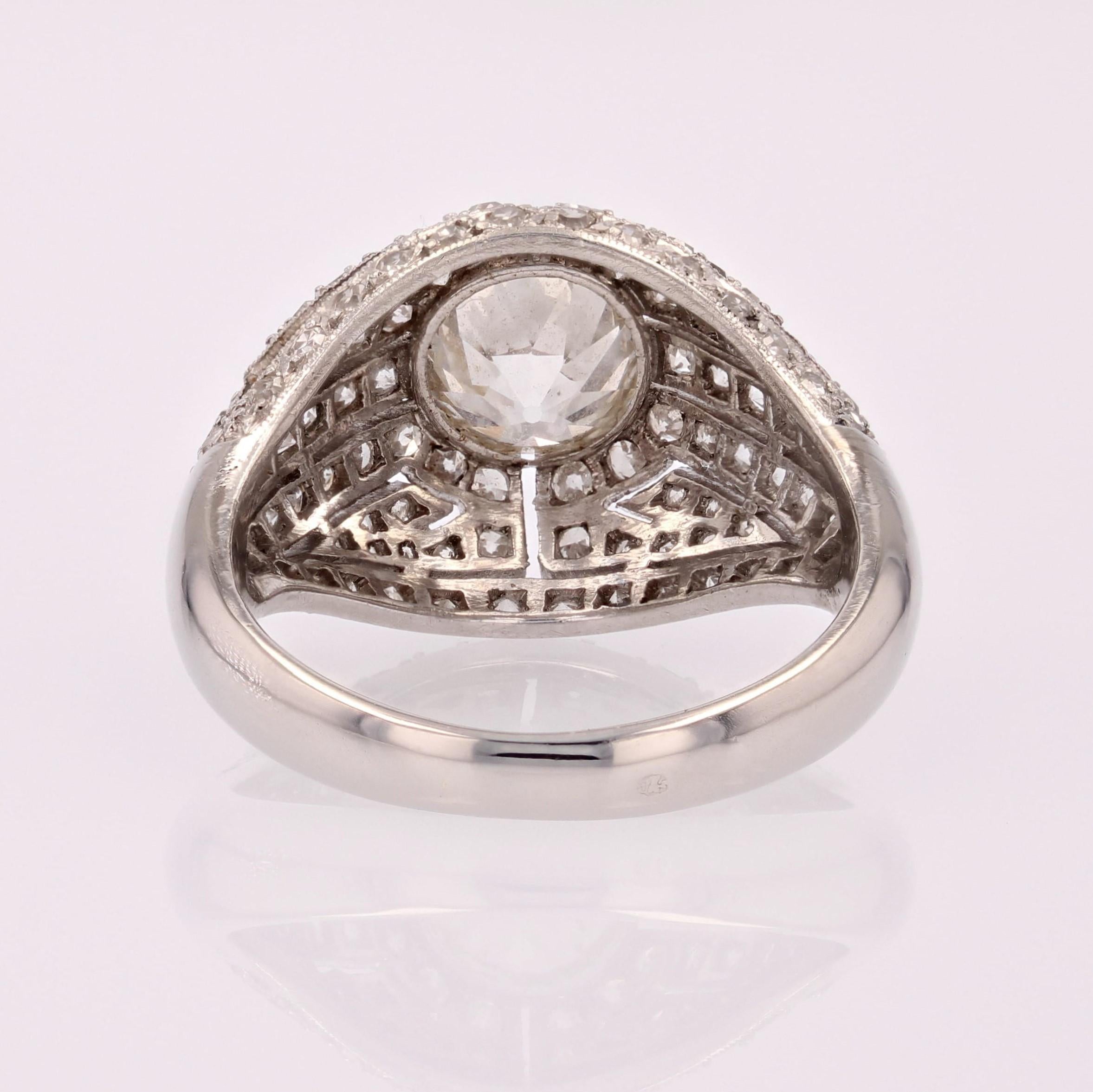 French 1930s Diamond Platinum Art Deco Dome Ring For Sale 9