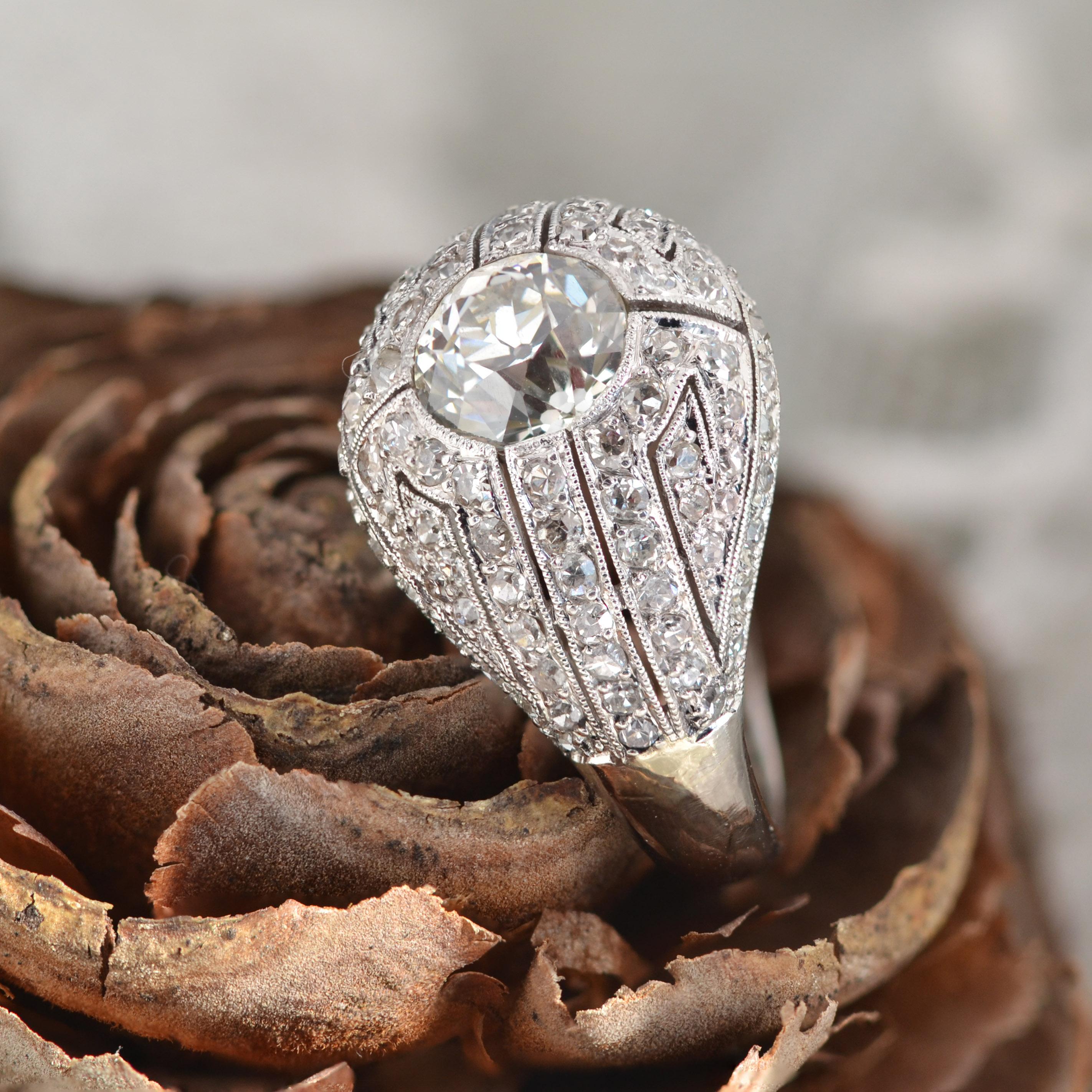 French 1930s Diamond Platinum Art Deco Dome Ring For Sale 10