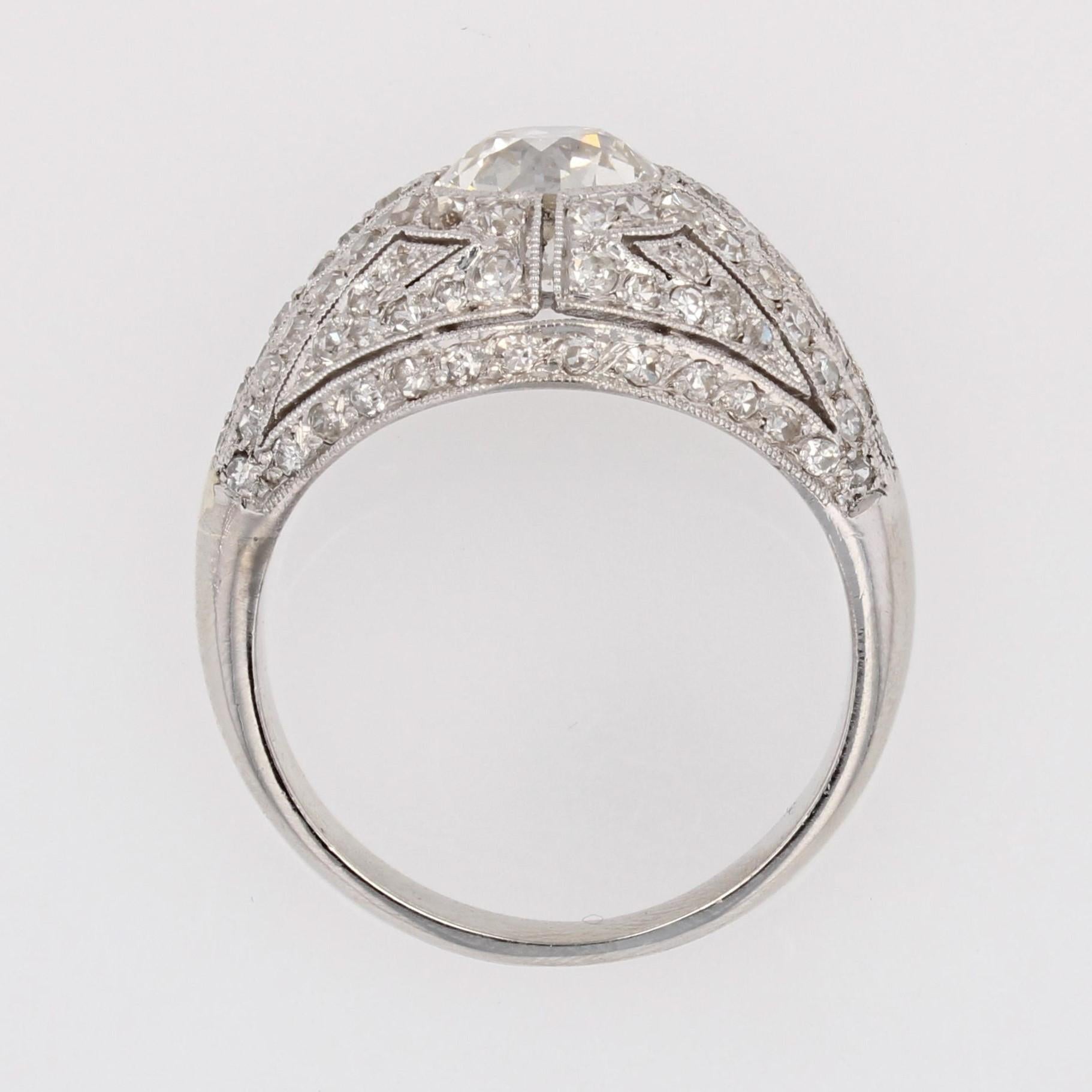 French 1930s Diamond Platinum Art Deco Dome Ring For Sale 12
