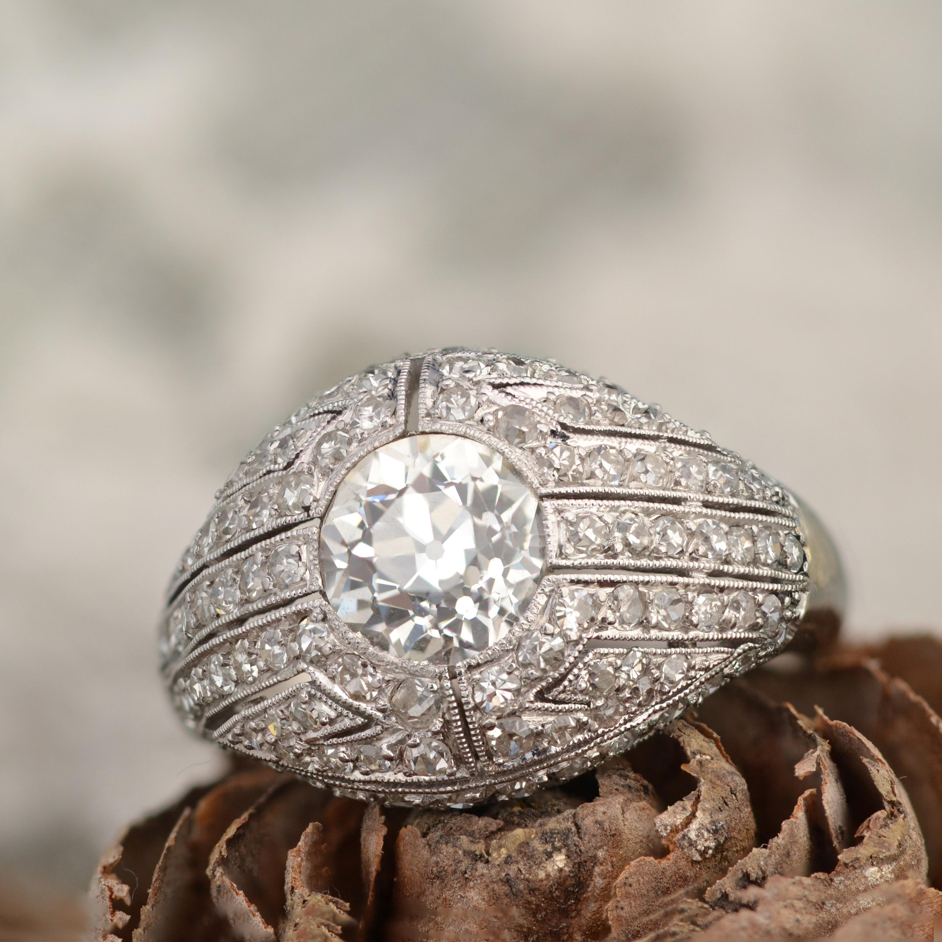 Brilliant Cut French 1930s Diamond Platinum Art Deco Dome Ring For Sale