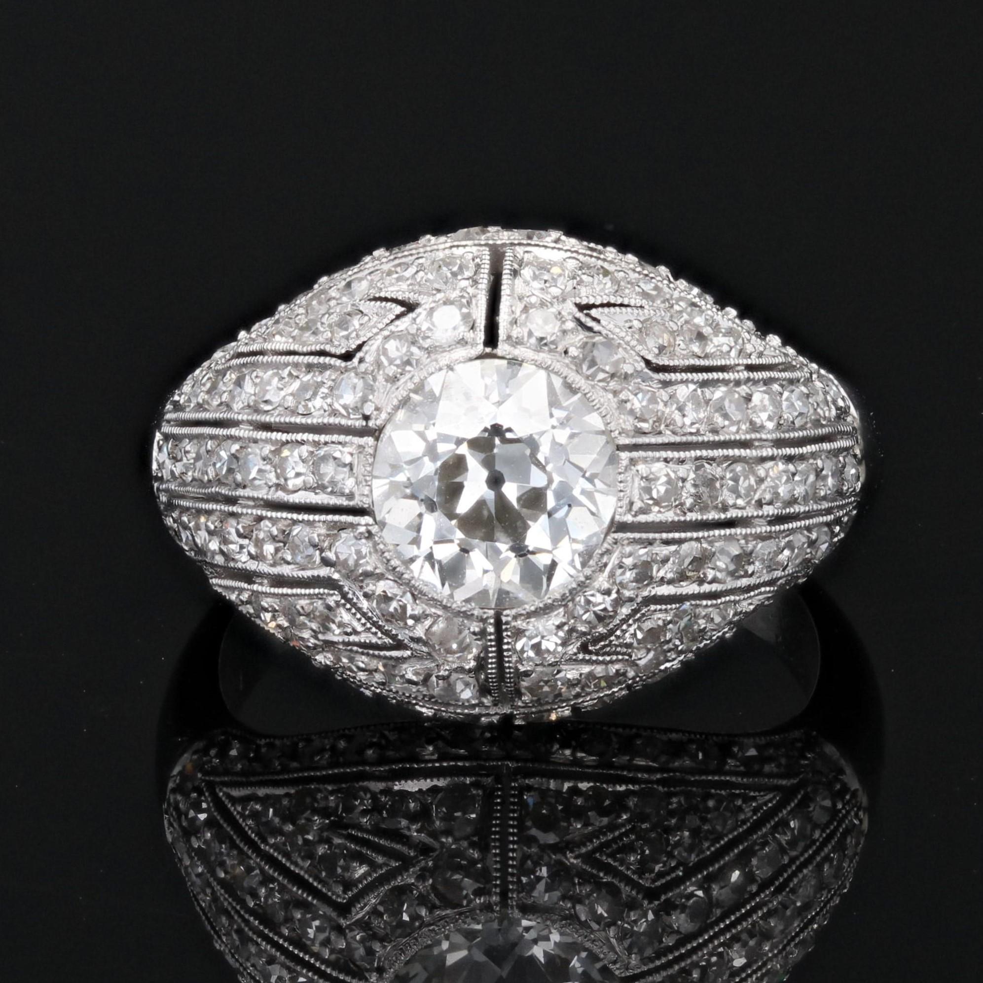 Women's French 1930s Diamond Platinum Art Deco Dome Ring For Sale