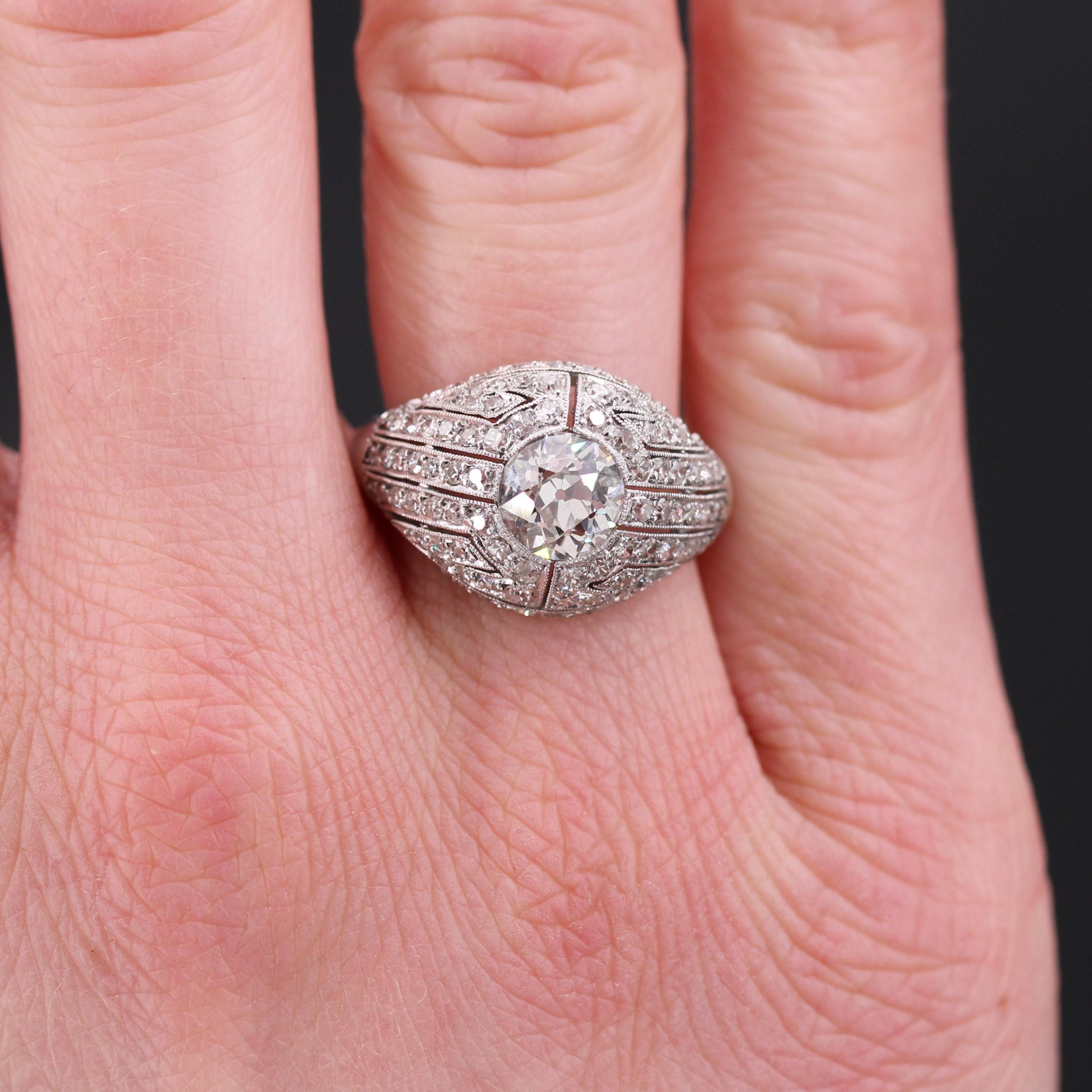 French 1930s Diamond Platinum Art Deco Dome Ring For Sale 1