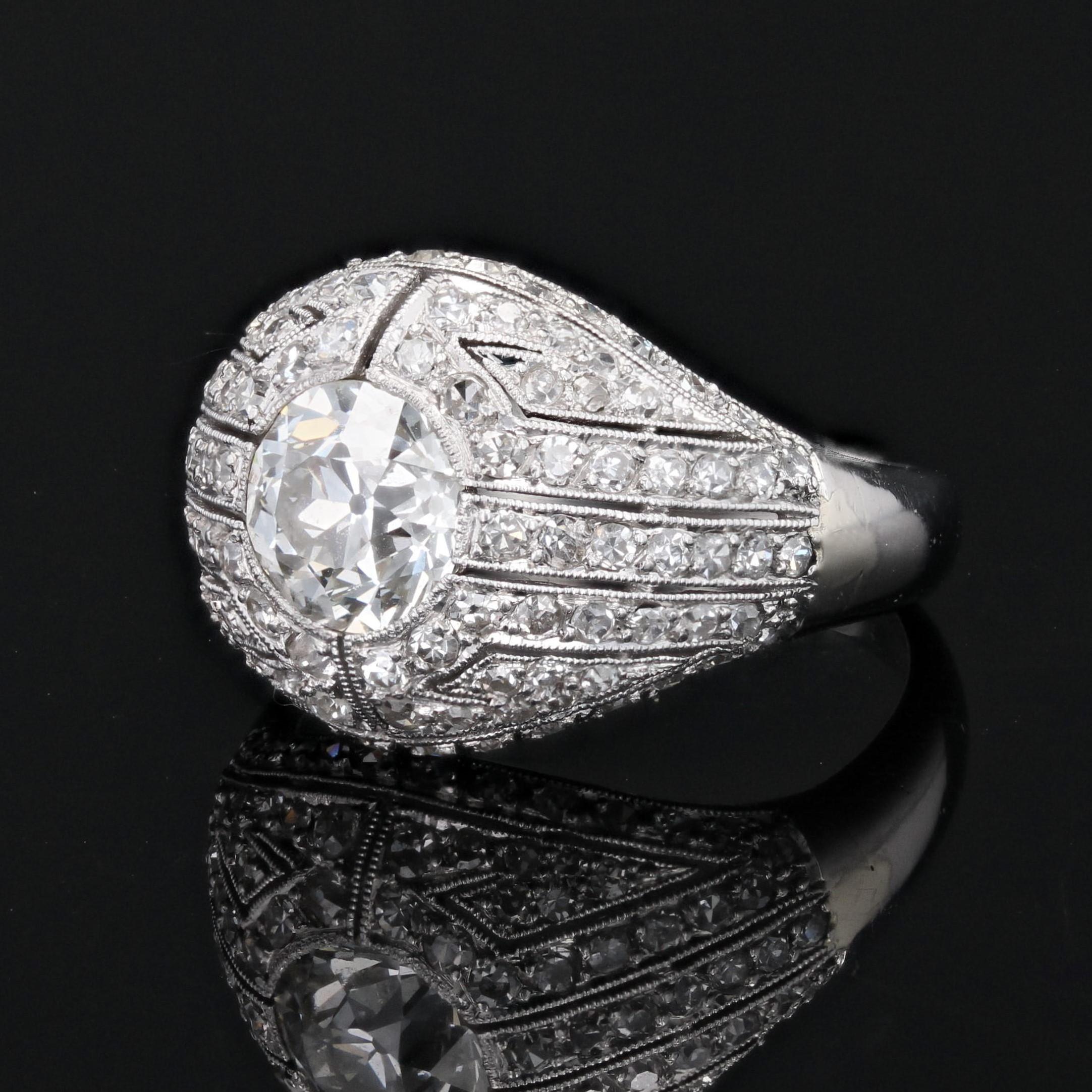 French 1930s Diamond Platinum Art Deco Dome Ring For Sale 2