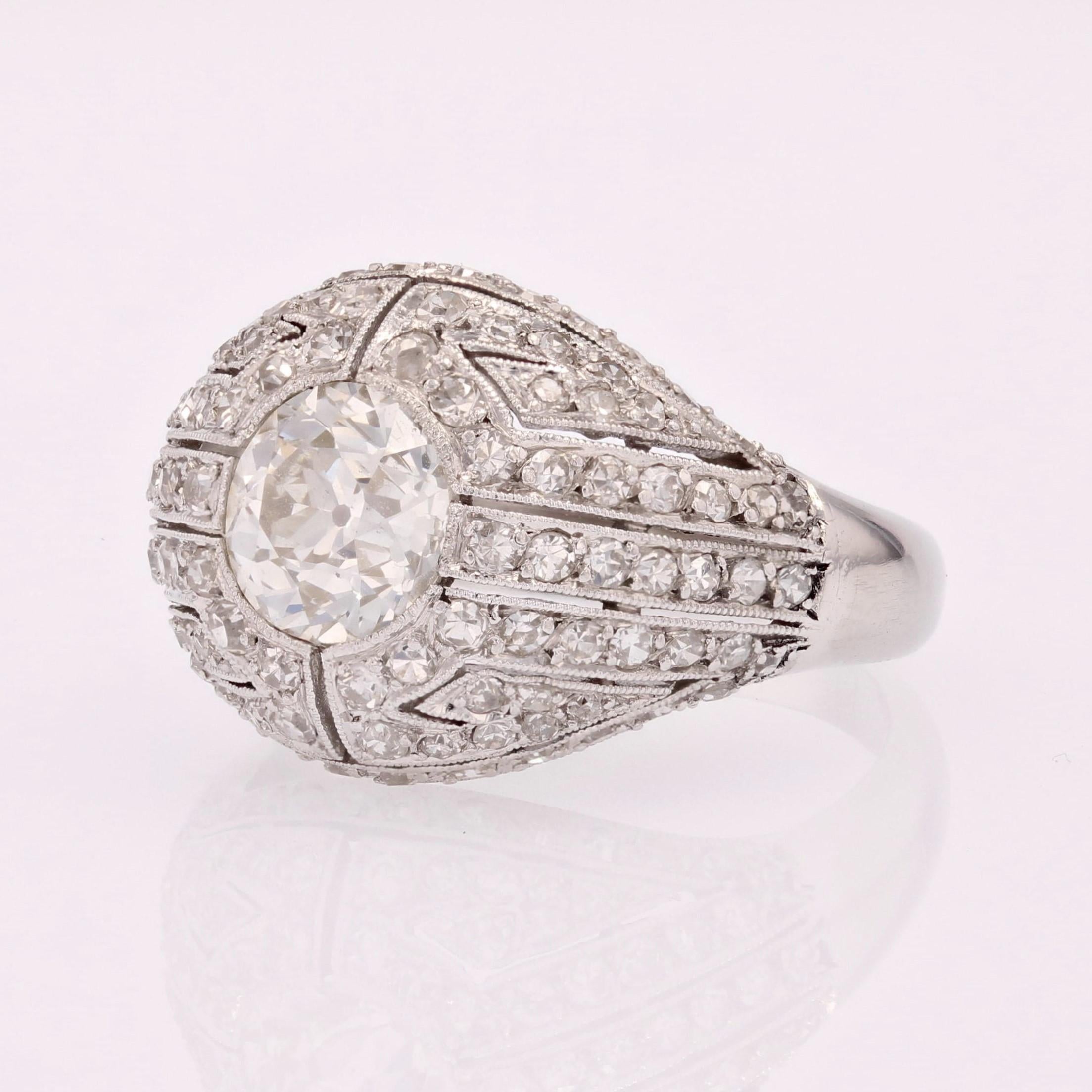 French 1930s Diamond Platinum Art Deco Dome Ring For Sale 3