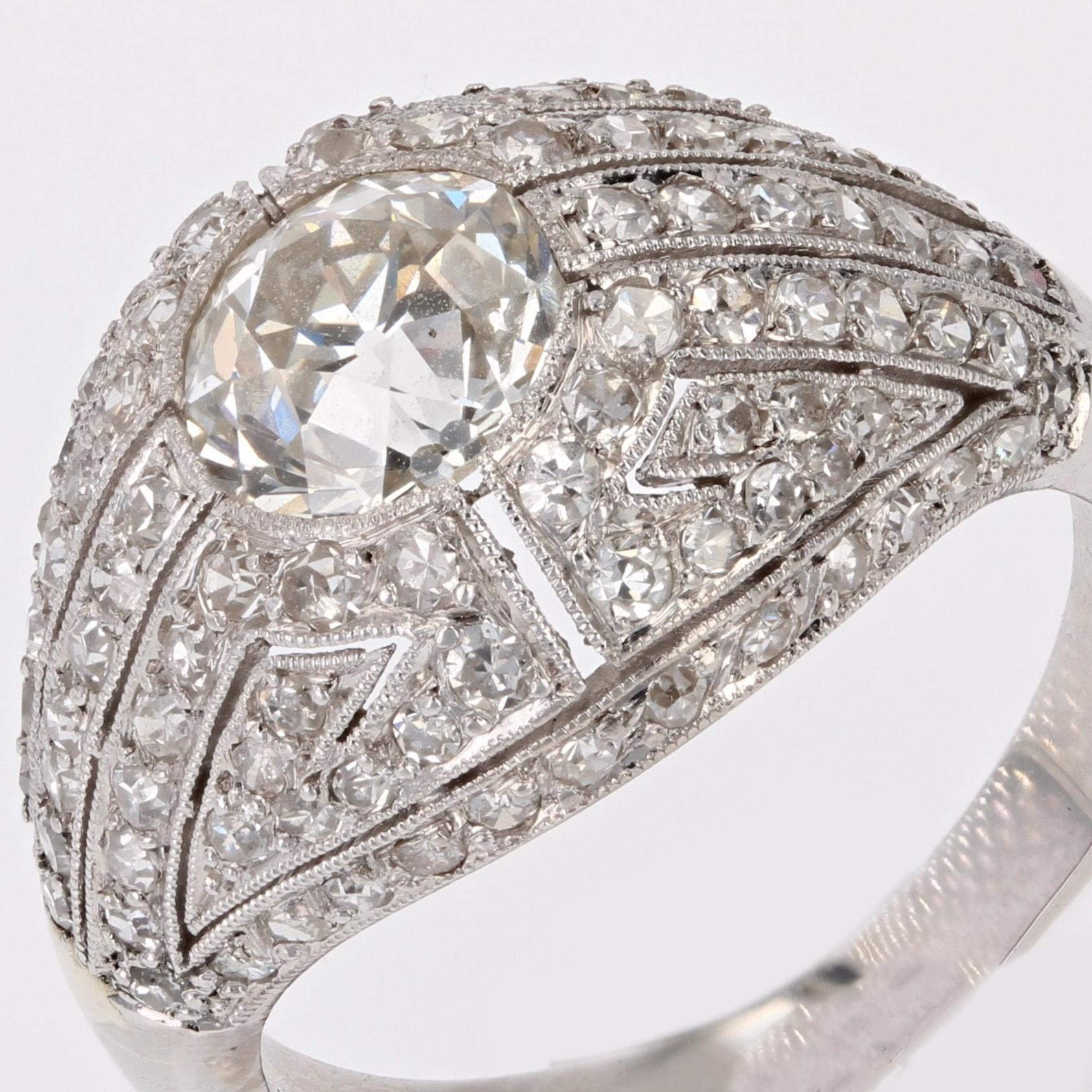 French 1930s Diamond Platinum Art Deco Dome Ring For Sale 4