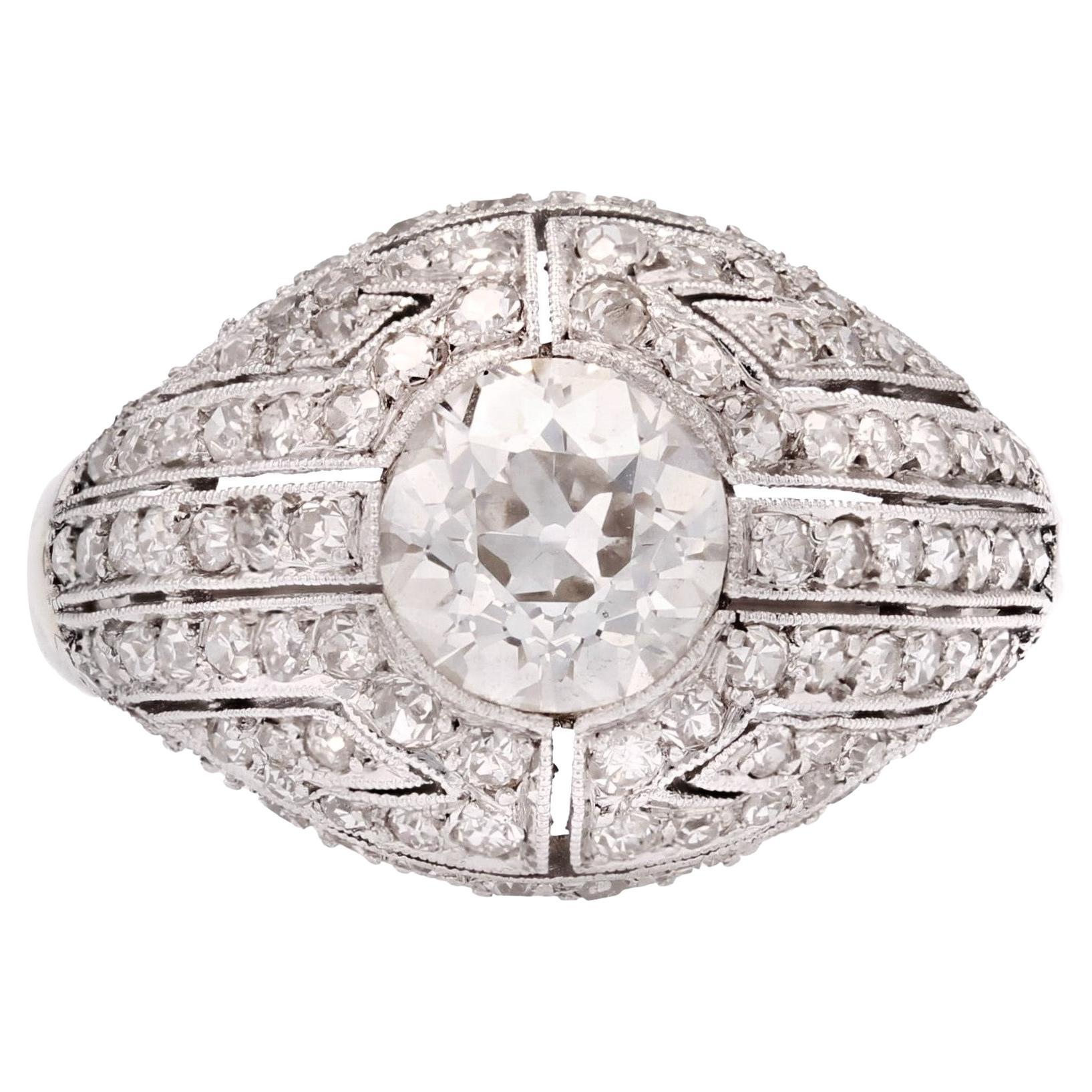 French 1930s Diamond Platinum Art Deco Dome Ring For Sale