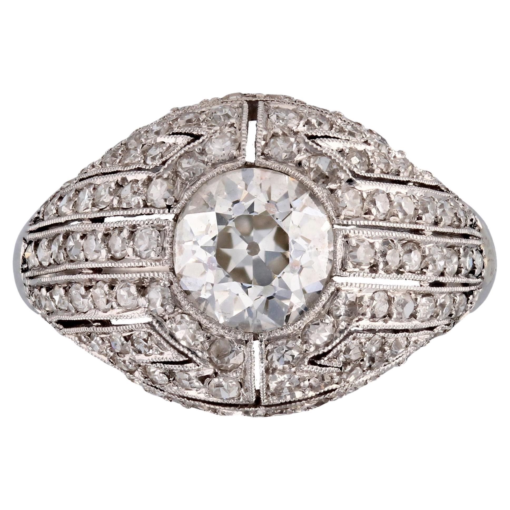 French 1930s Diamond Platinum Art Deco Dome Ring