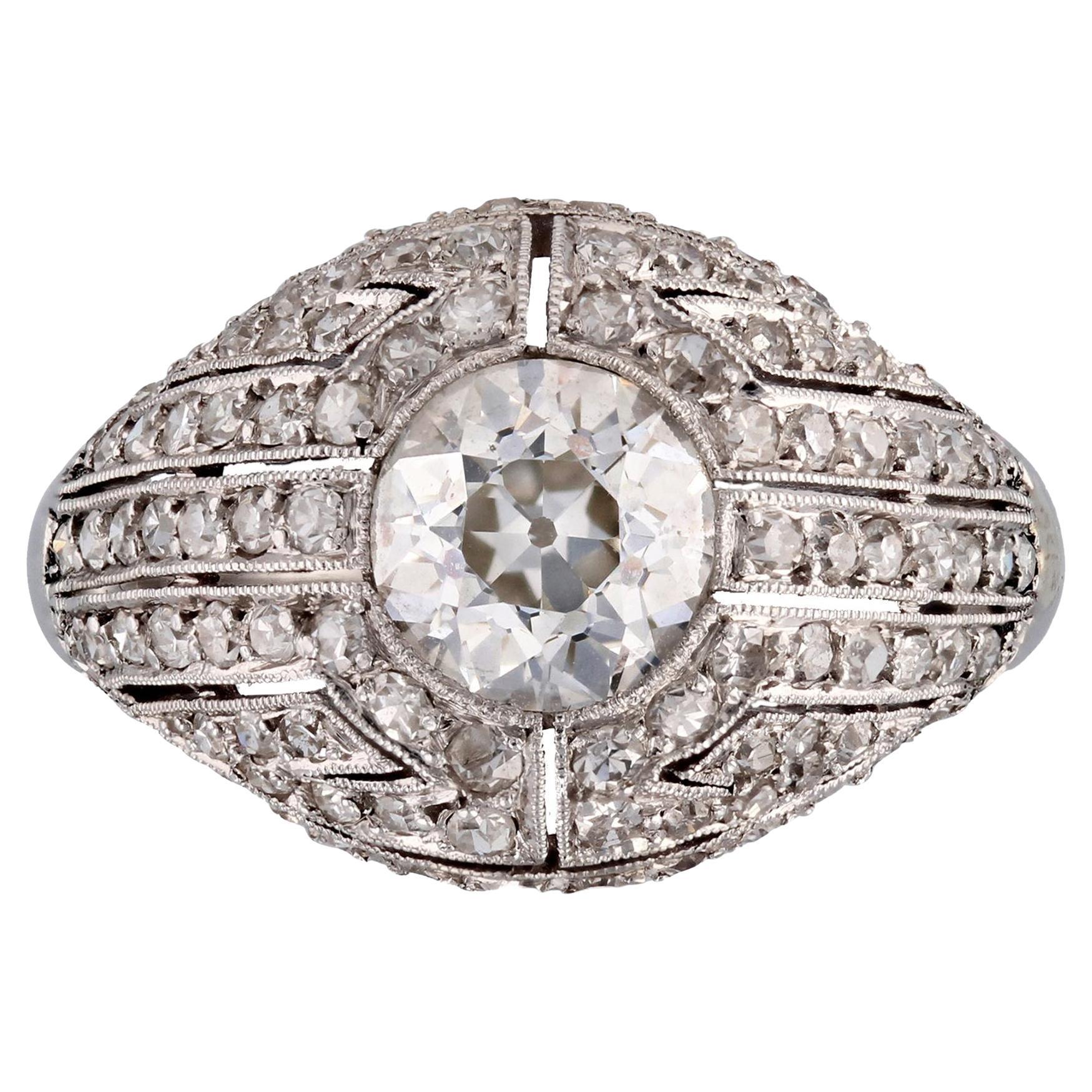Anello francese a cupola Art Deco 1930 con diamante e platino