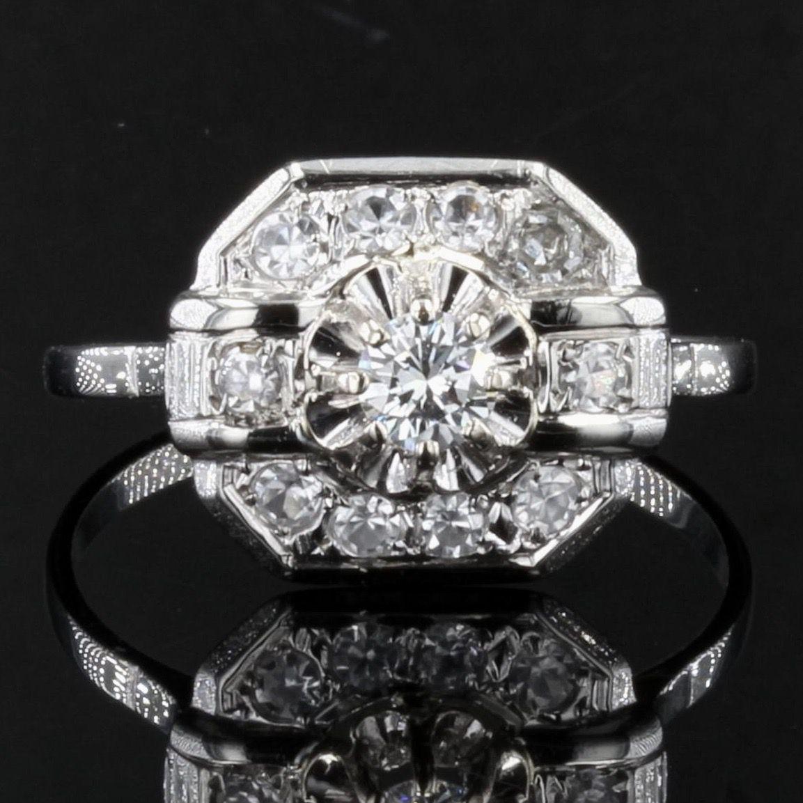 Brilliant Cut French 1930s Diamonds 18 Karat White Gold Art Deco Ring For Sale