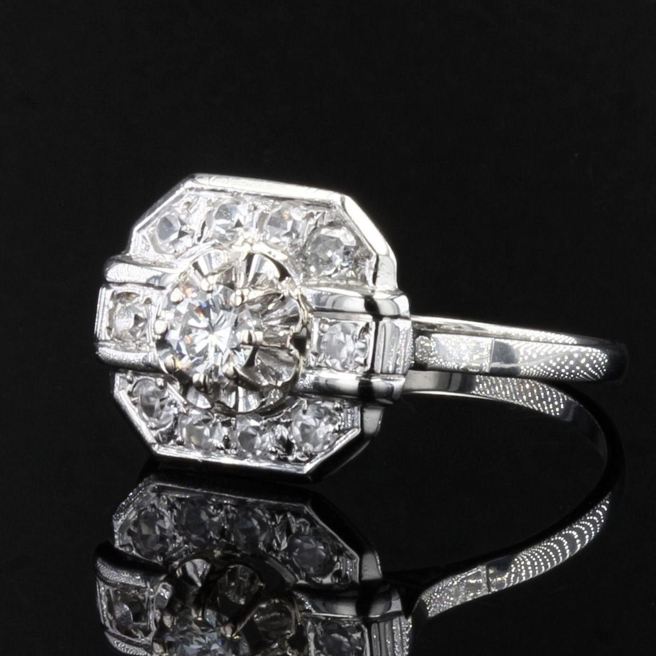Women's French 1930s Diamonds 18 Karat White Gold Art Deco Ring For Sale
