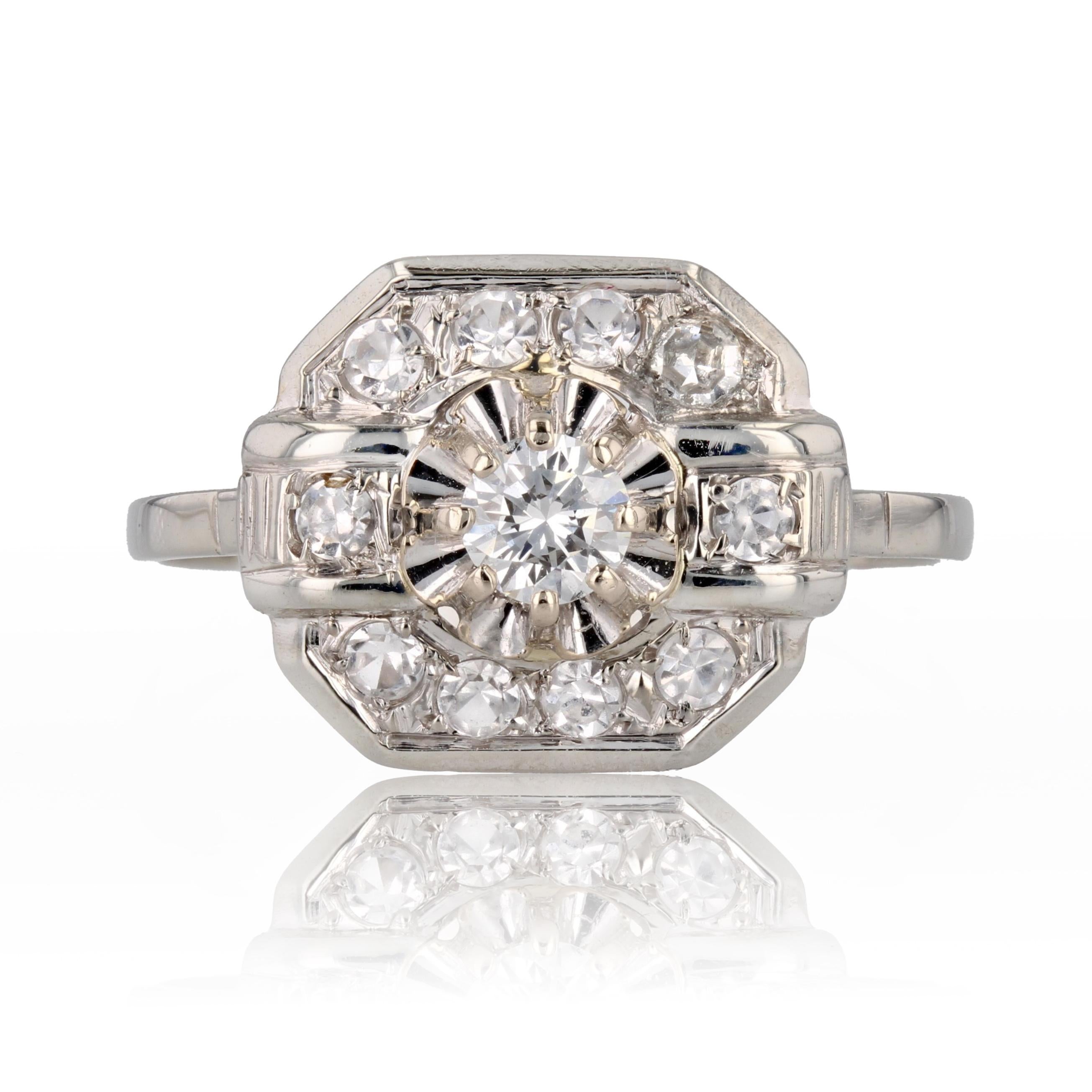 French 1930s Diamonds 18 Karat White Gold Art Deco Ring For Sale