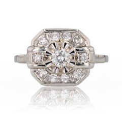 Vintage French 1930s Diamonds 18 Karat White Gold Art Deco Ring