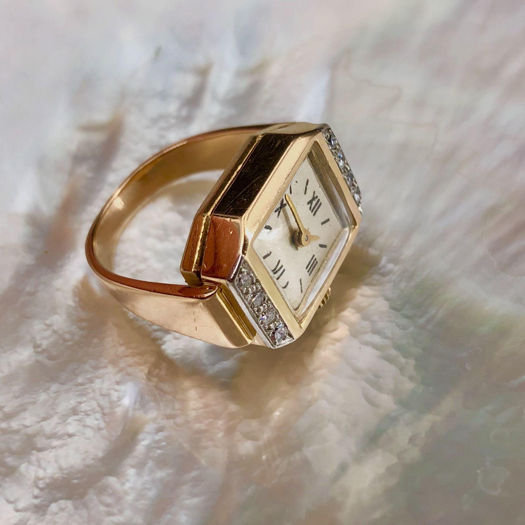 Franzsischer 1930er Diamanten 18 Karat Gelbgold Uhrenring im Angebot 9